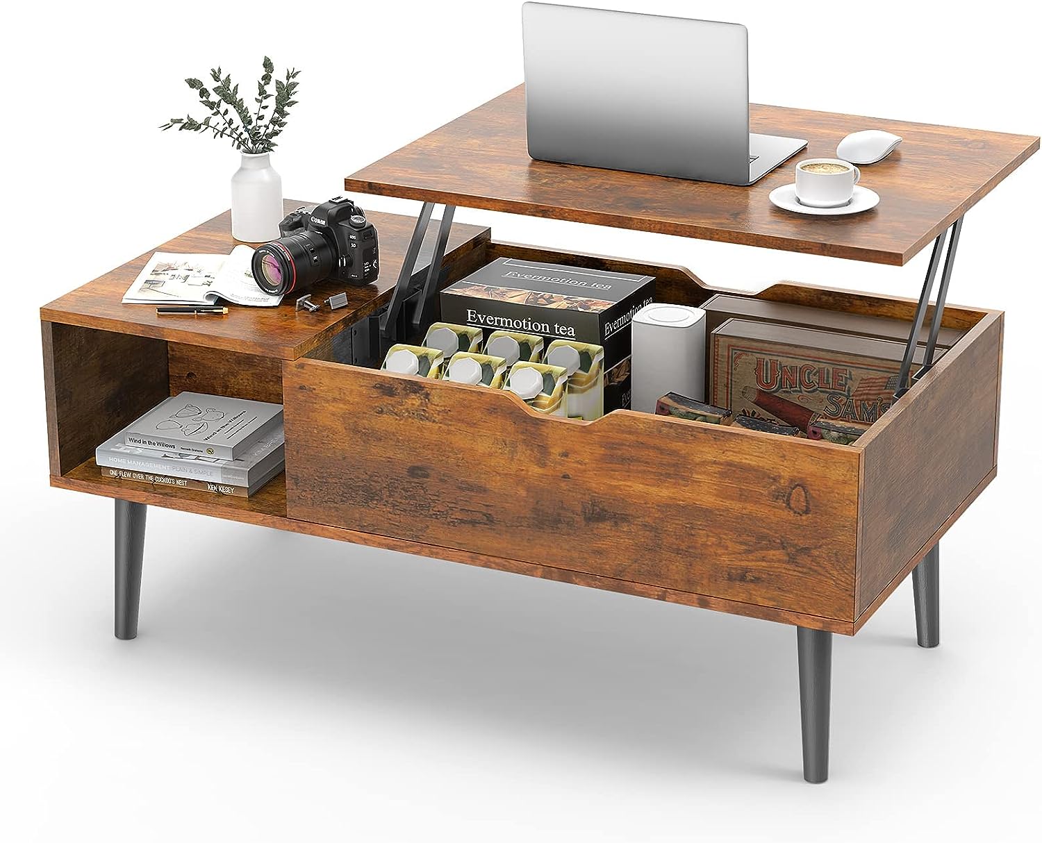 Sweetcrispy Coffee Table. Lift Top Coffee Tables for Living Room.Rising Tabletop Wood Dining Center Tables with Storage Shelf and Hidden Compartment. Retro Brown