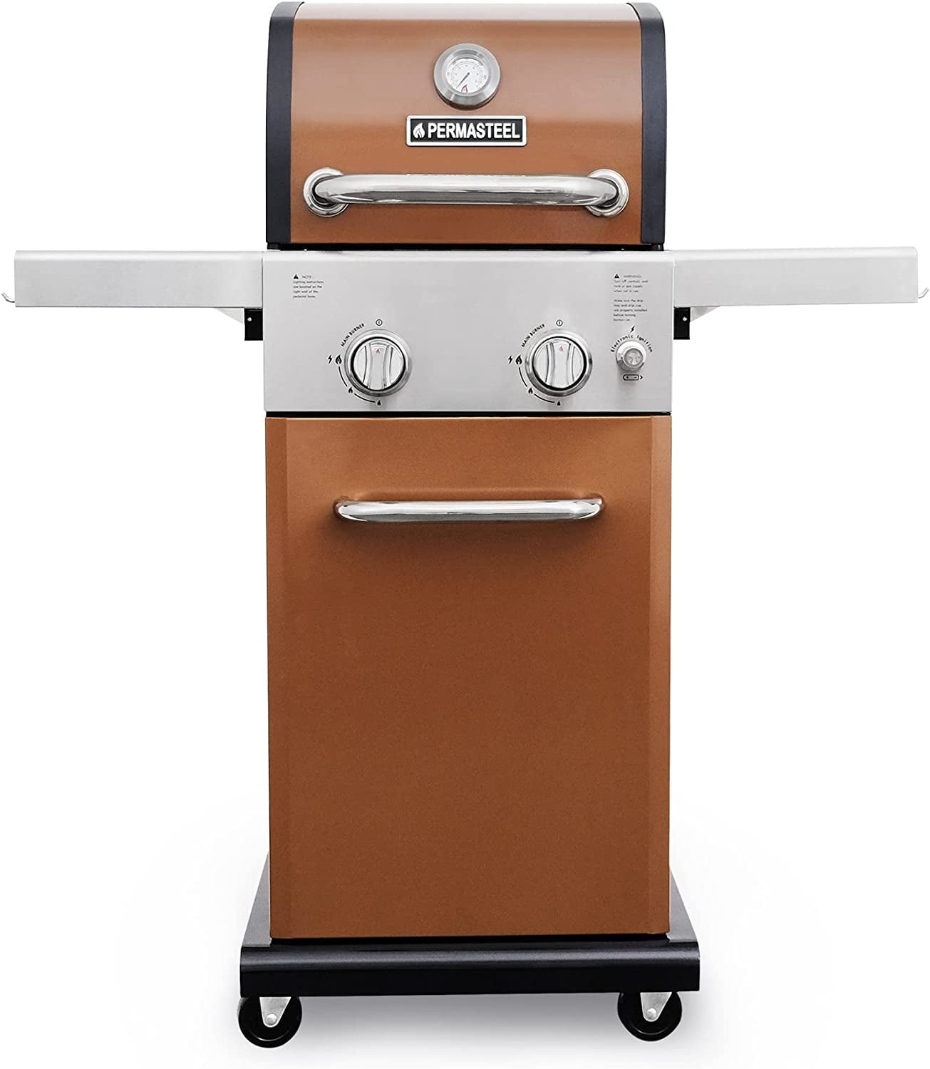Permasteel 2-Burner Compact Propane Gas Grill with Foldable Sides. Copper