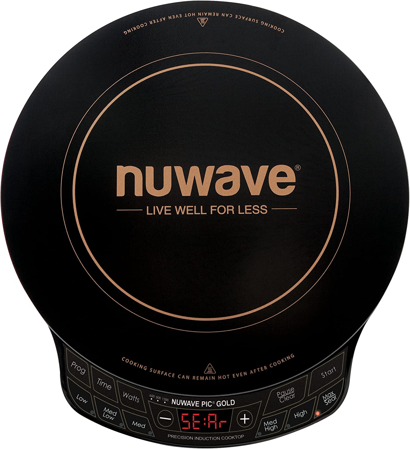 NUWAVE Gold Precision Induction Cooktop. Portable. Powerful with Large 8 Heating Coil. 100°F to 575°F. 3 Wattage Settings 600. 900. and 1500 Watts. 12 Heat-Resistant Cooking Surface