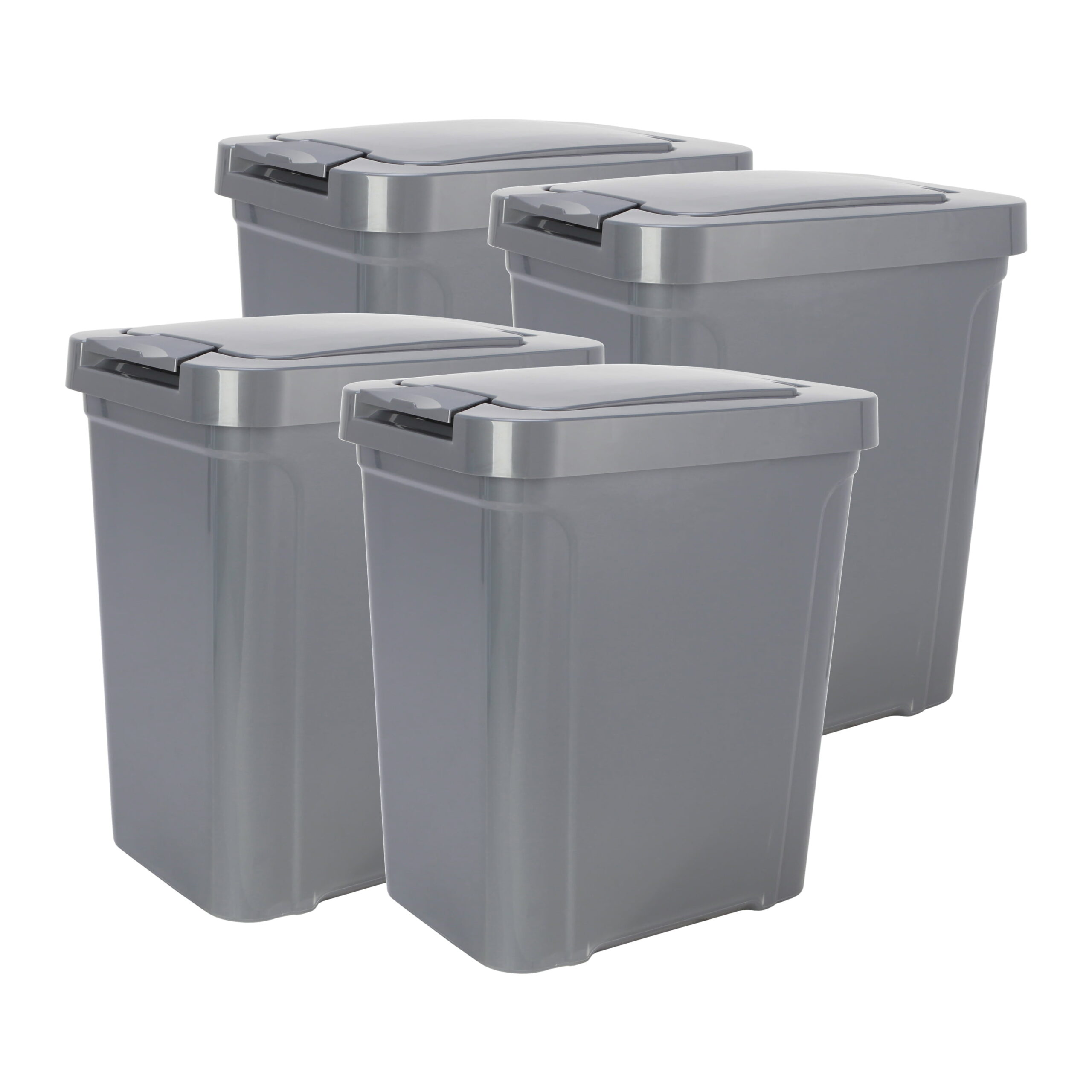 Mainstays 7.6 gal Plastic Touch Top Lid Kitchen Trash Can. 4 Pack. Gray
