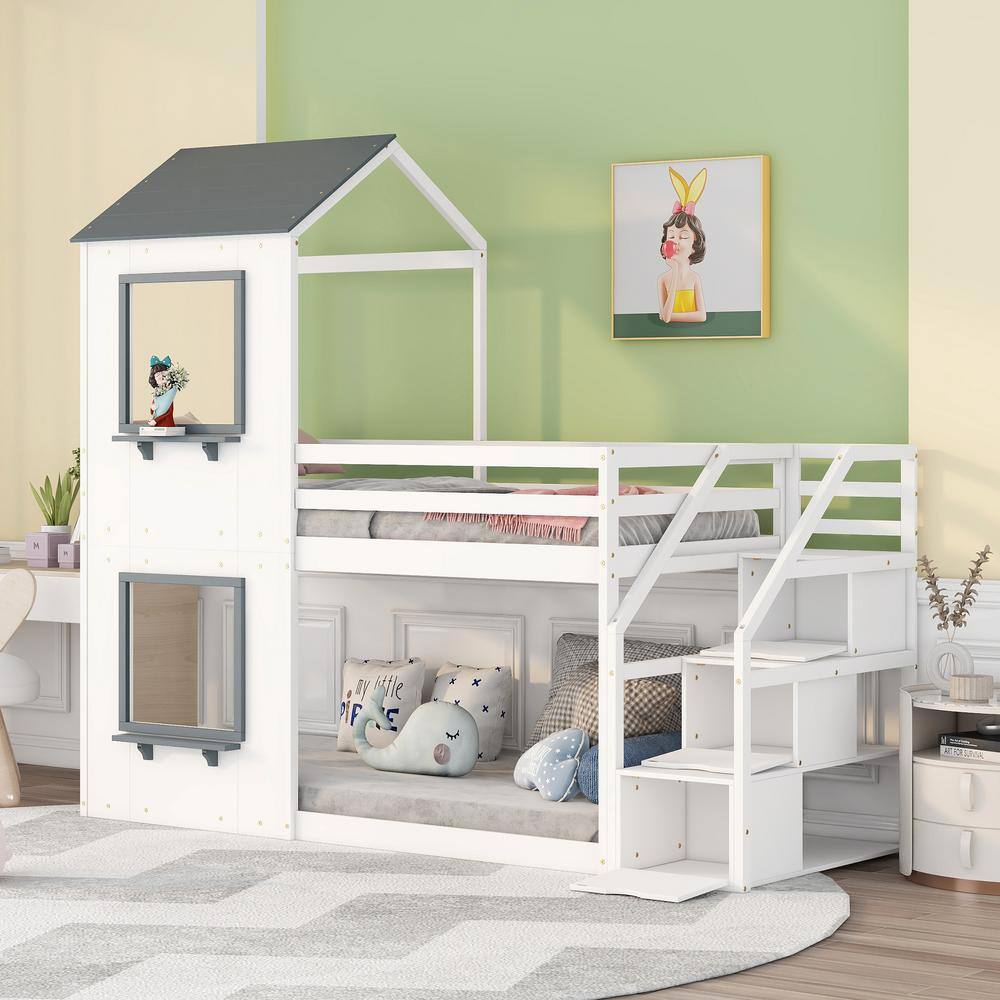 Harper & Bright Designs  White Twin Over Twin Wood Bunk Bed With Roof. Window and Storage Stairs