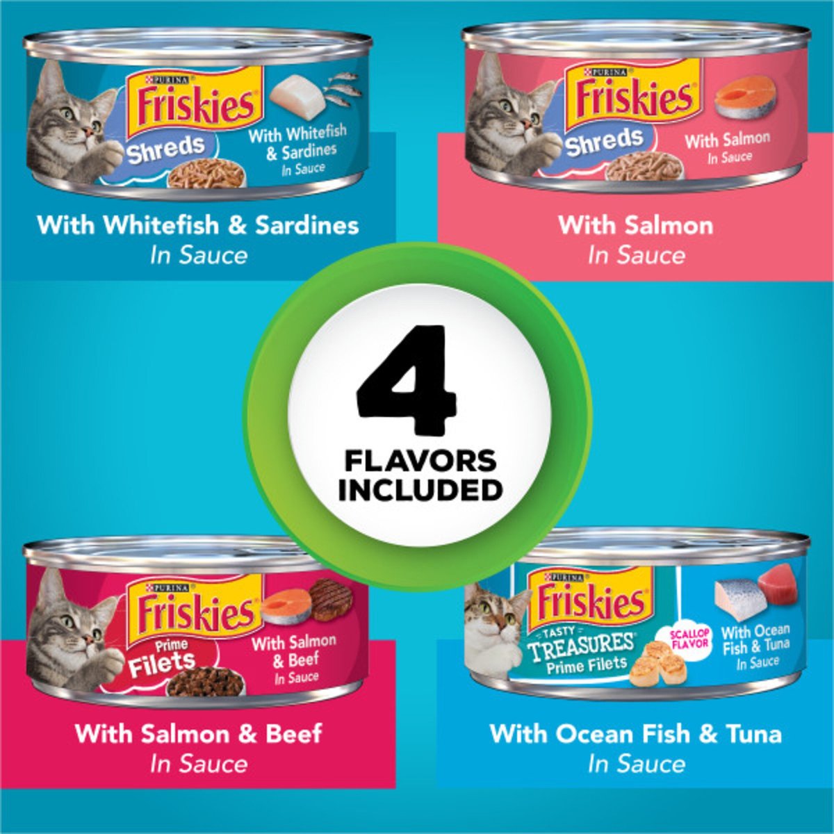 Purina Friskies Wet Cat Food Variety Pack. Fish-A-Licious Shreds. Prime Filets & Tasty Treasures - (32) 5.5 oz. Cans