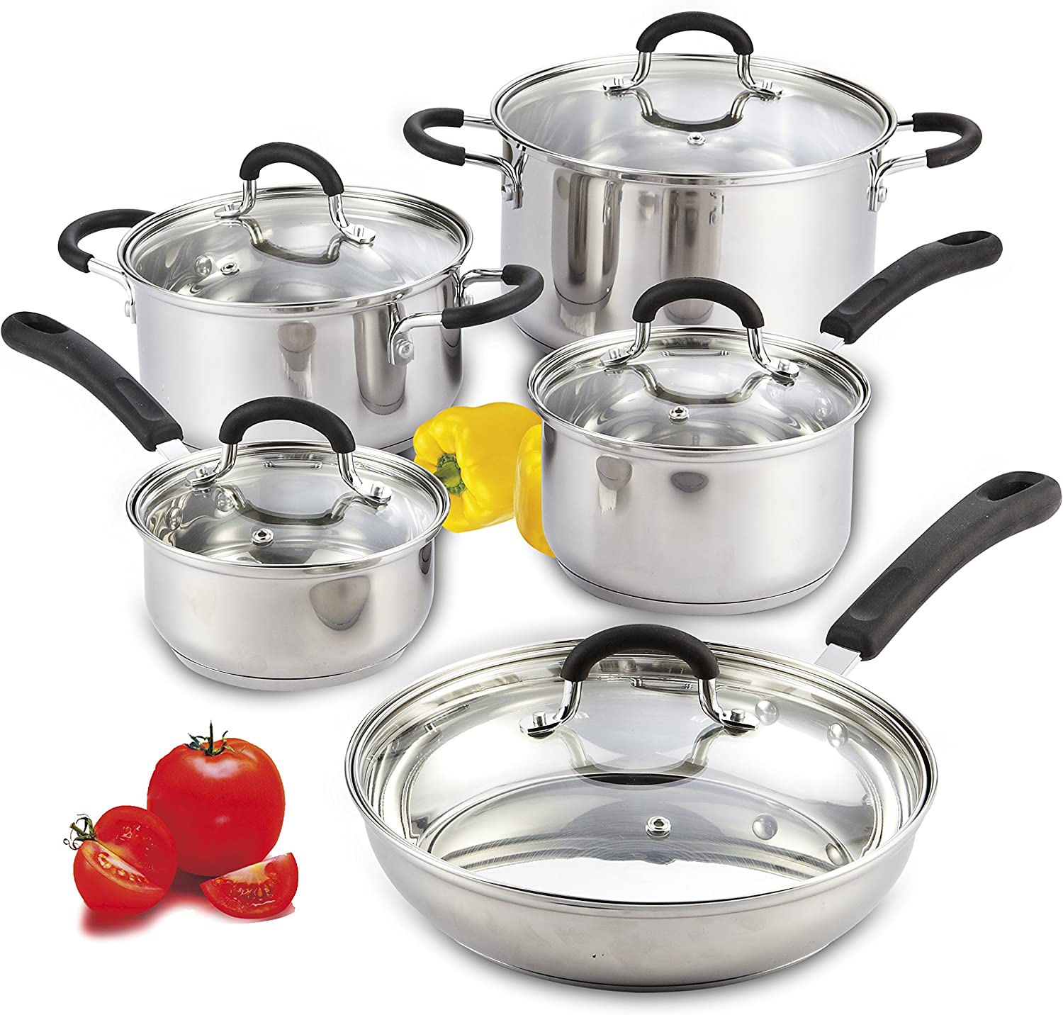 Cook N Home Stainless Steel Cookware Sets 10 Piece. Pots and Pans with Stay-Cool Handles Cooking Set for Kitchen. Dishwasher Safe. Silver