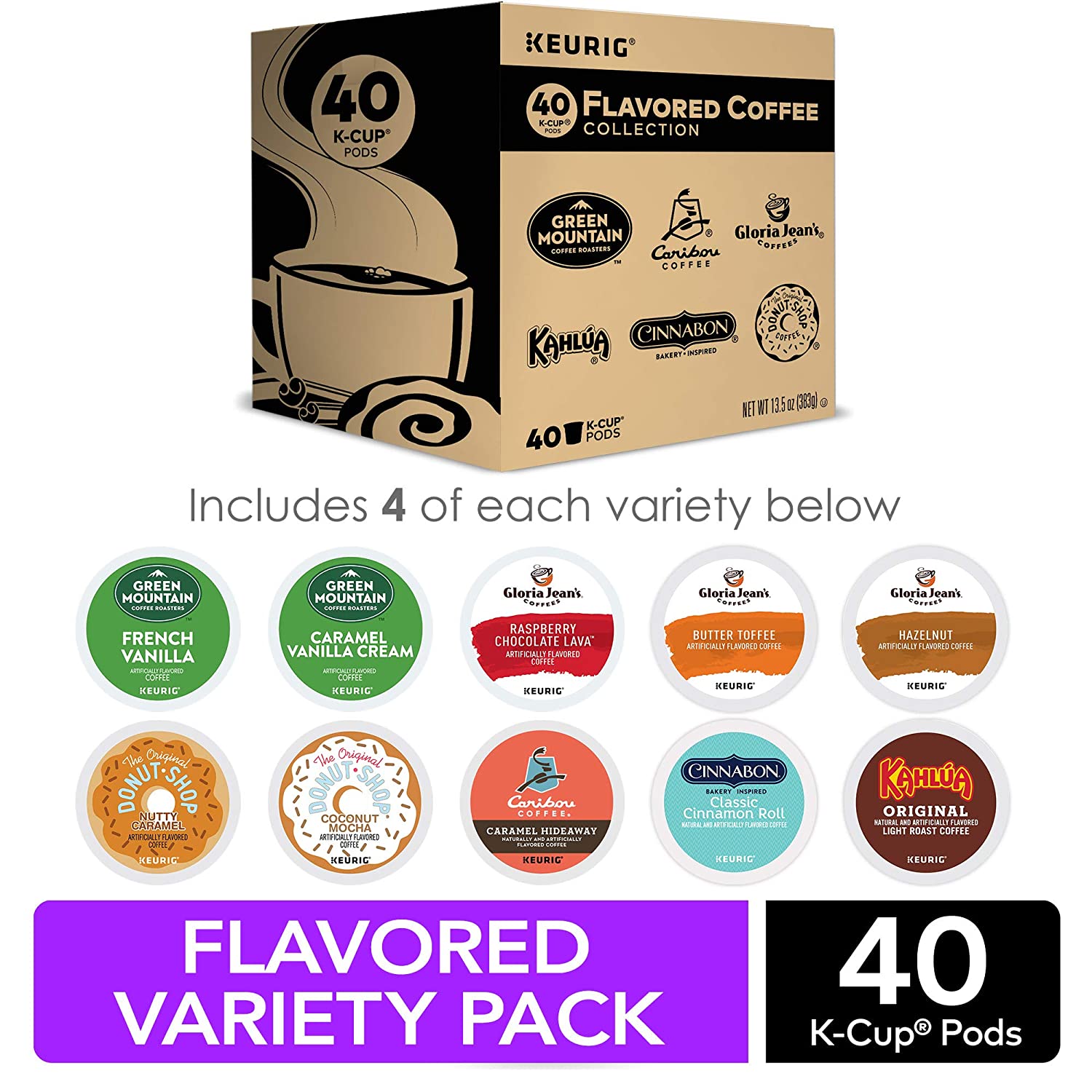 Keurig Flavored Coffee Pods Collection Variety Pack. Single-Serve Coffee K-Cup Pods Sampler. 40 Count
