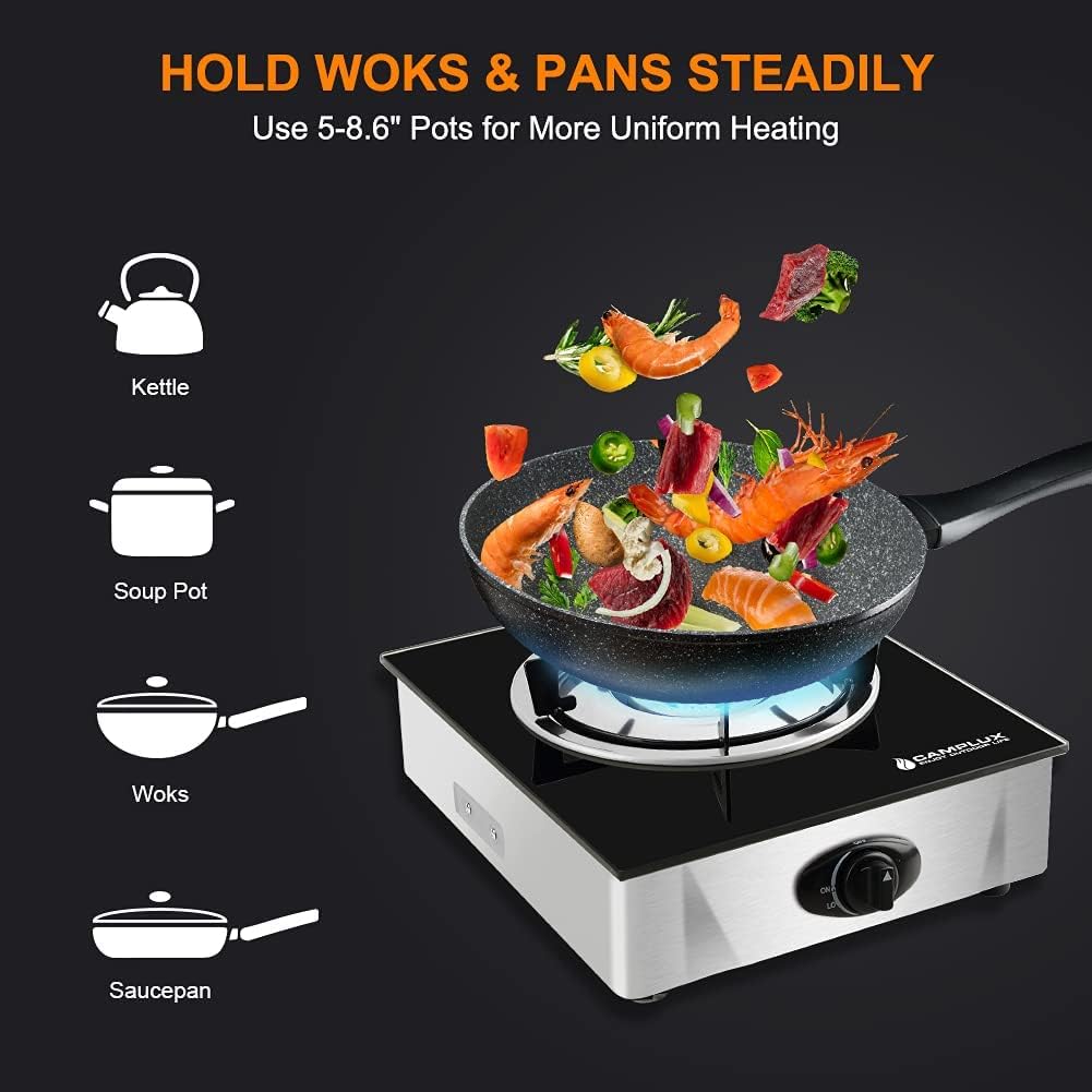 Camplux Propane Stove with Auto Ignition. Single Burner Propane Stoves 9.500 BTU. Tempered Glass Gas Cooktop
