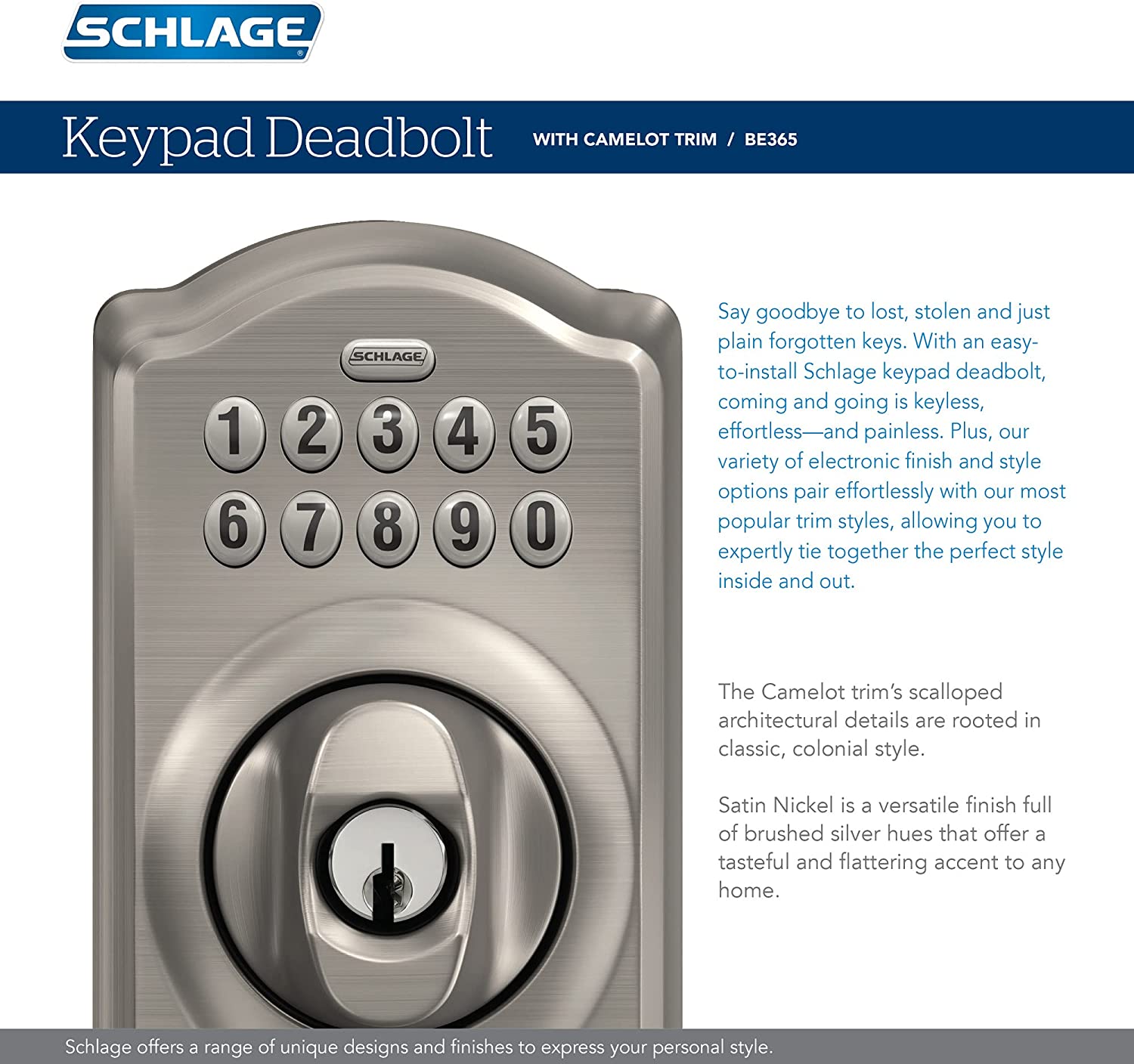 Schlage  Keypad Camelot Satin Nickel Single Cylinder Electronic Deadbolt Lighted Keypad