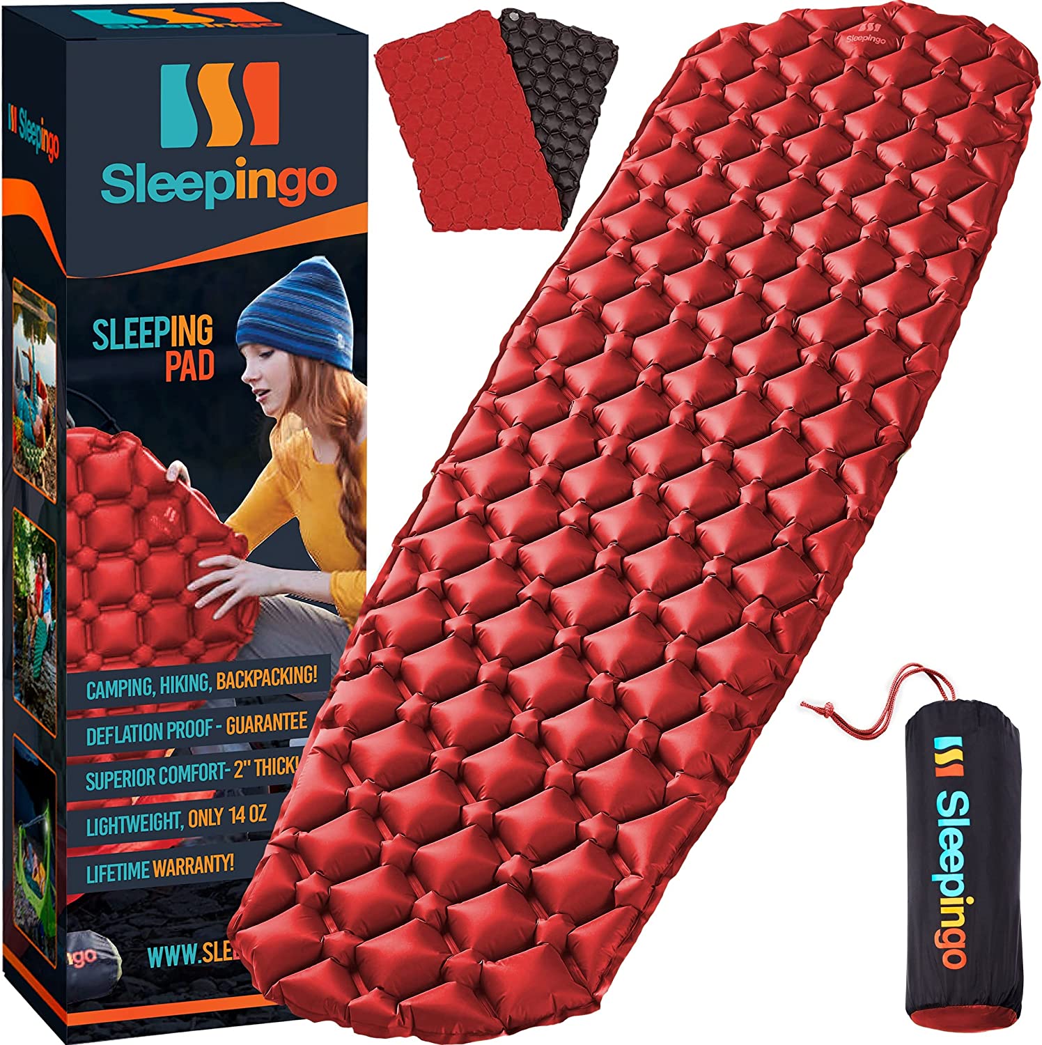 Sleepingo Sleeping Pad for Camping - Ultralight Sleeping Mat for Camping. Backpacking. Hiking - Lightweight. Inflatable & Compact Camping Air Mattress (Red with Black Back)