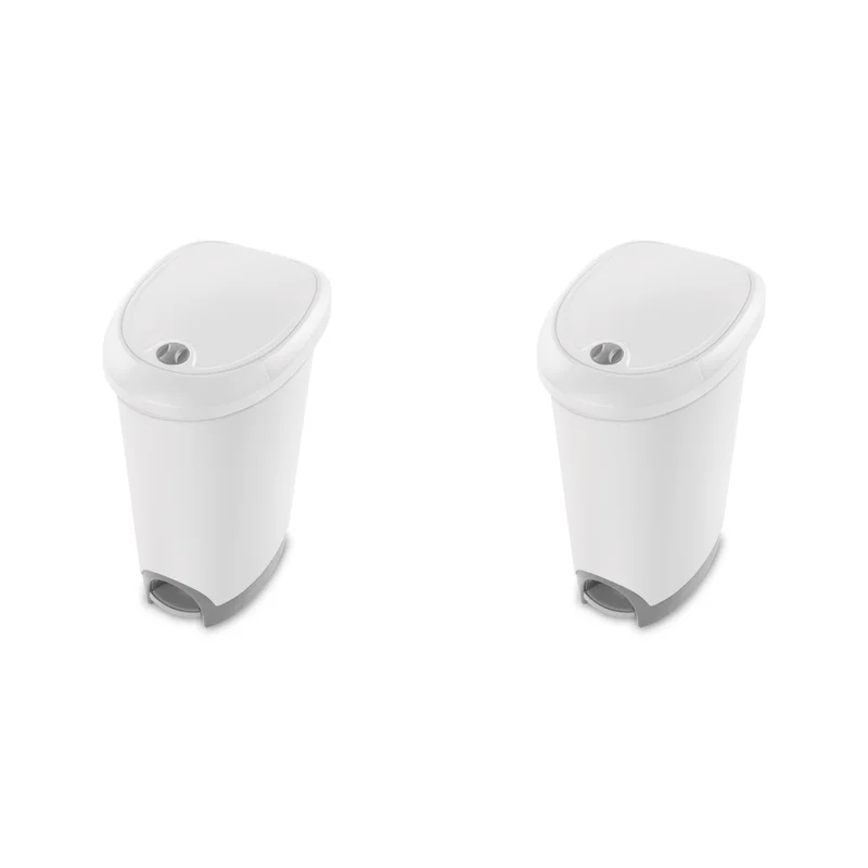 Sterilite 10738002 12.6 Gallon Locking StepOn Wastebasket. White Lid & Base w/ Titanium Pedal & Lock. 2-Pack