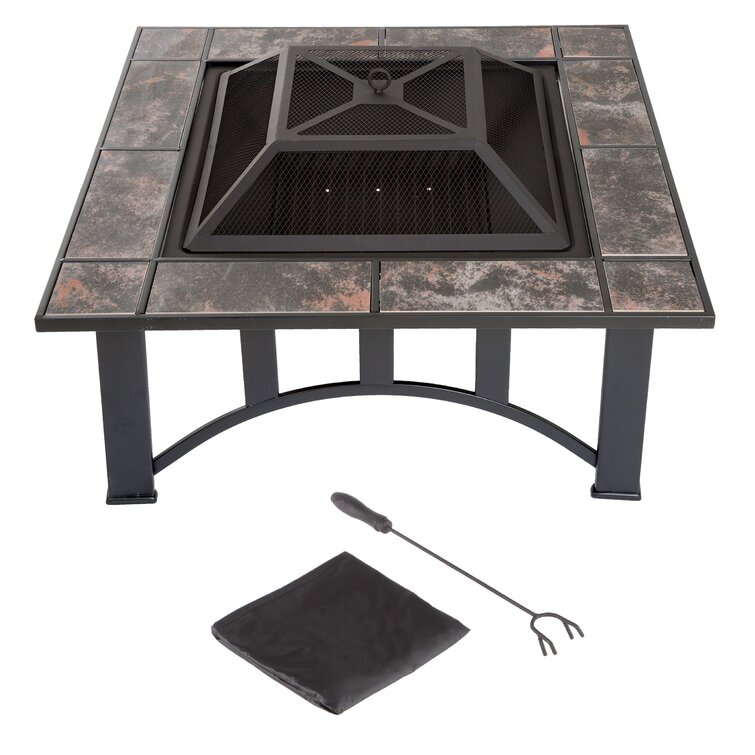 Adley 20” H x 33” W Steel Wood Burning Outdoor Fire Pit Table with Lid