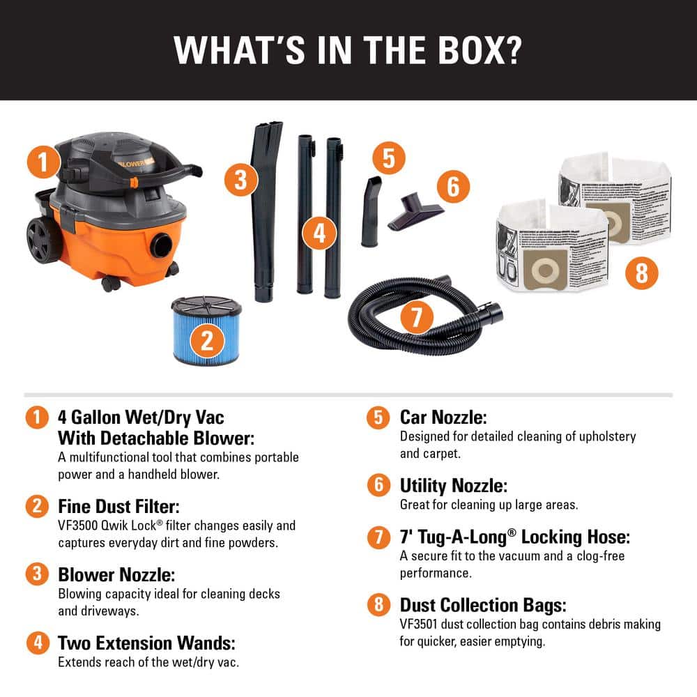 RIDGID WD4080B 4 Gallon 6.0 Peak HP Wet/Dry Shop Vacuum with Detachable Blower. Fine Dust Filter. Two Dust Bags. Hose. and Accessories