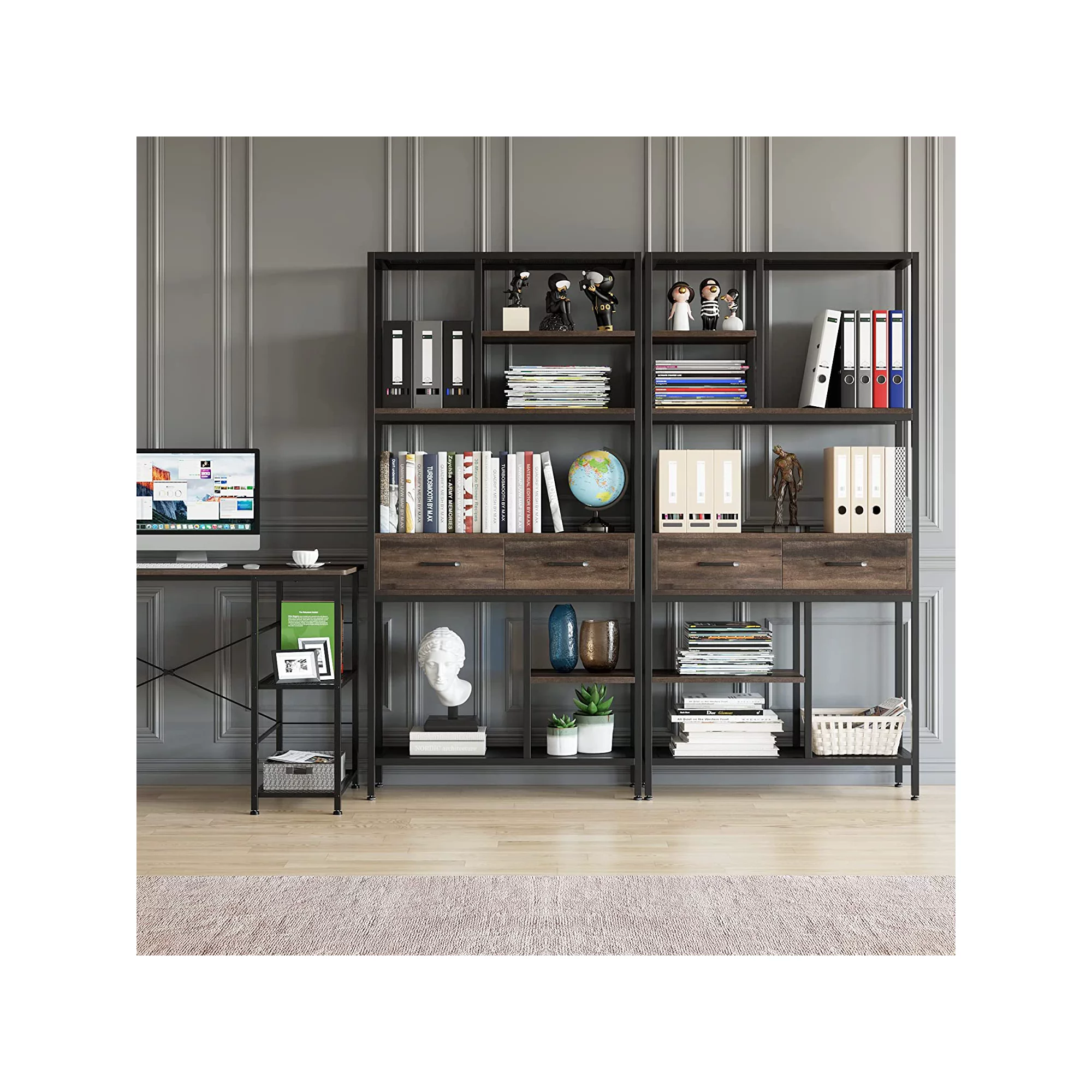 Homfa 5-tier Iron Bookcase with 2 Drawers. Industrial Tall Bookshelf with 7 open storage shelves. Free Standing Display shelf with Metal Frame. Dark Brown