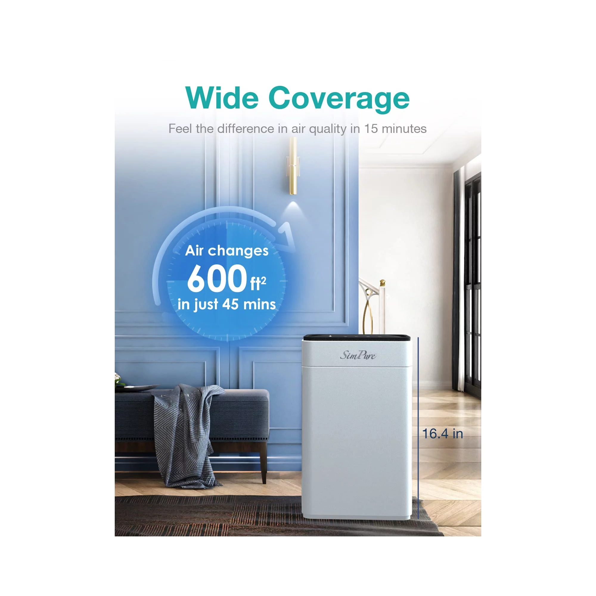 SimPure HP8 Air Purifier 800 sq ft Large Room. H13 True HEPA Air Filter for Allergies. Odor. Smoke. Dust