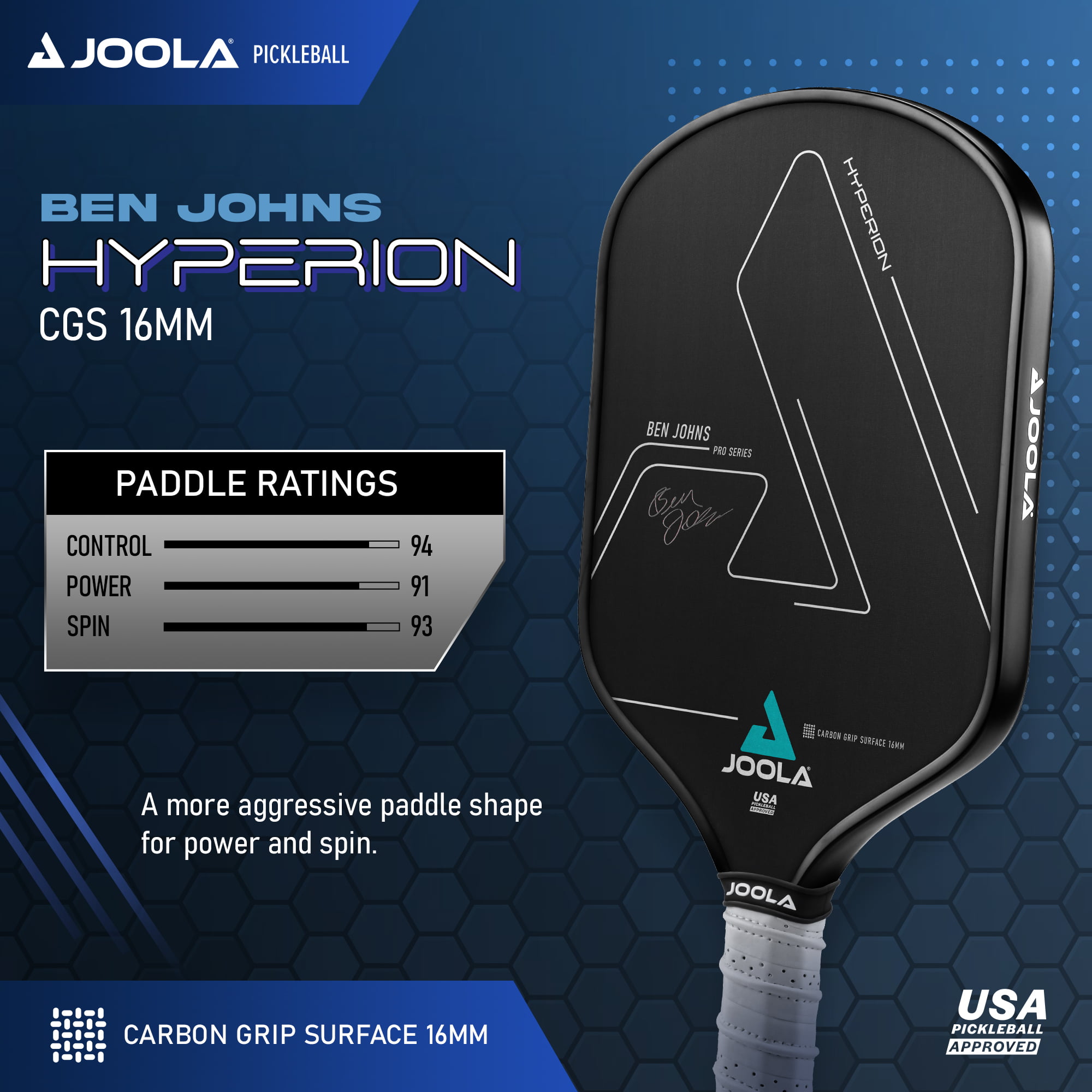 JOOLA Ben Johns Hyperion CGS 16mm Pickleball Paddle. 7.9 oz. Black