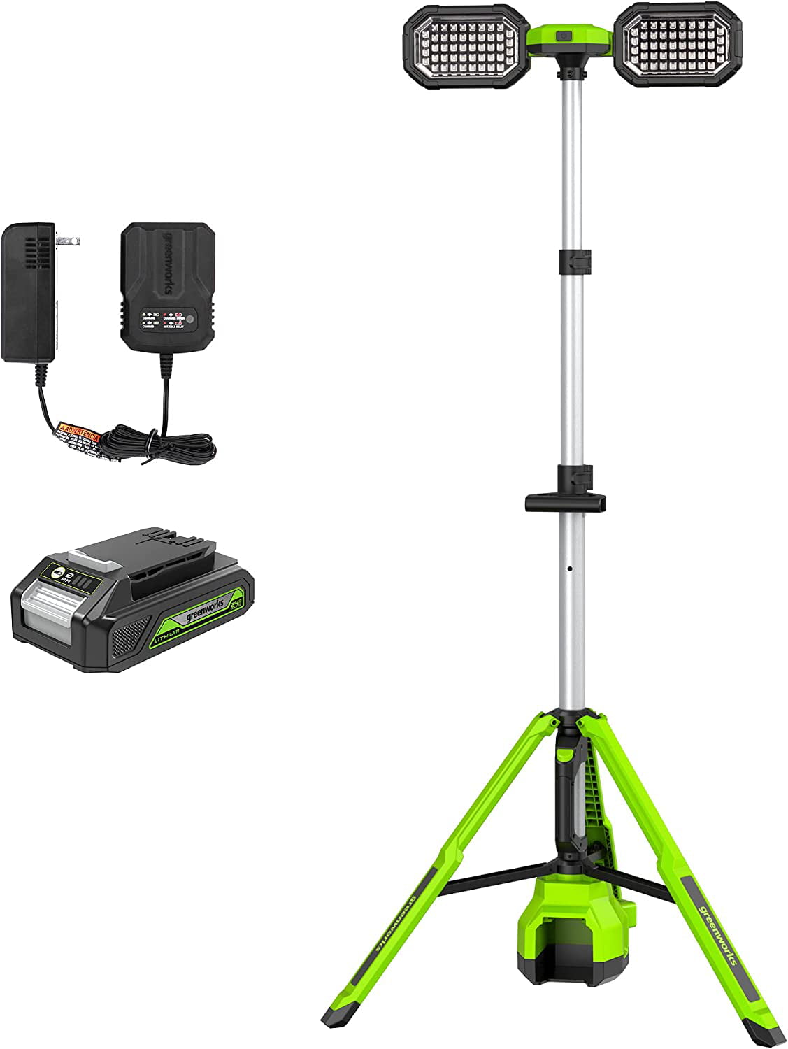 Greenworks 24V Standing Light Kit. LED Tripod Light with 2Ah Battery and 2A Charger