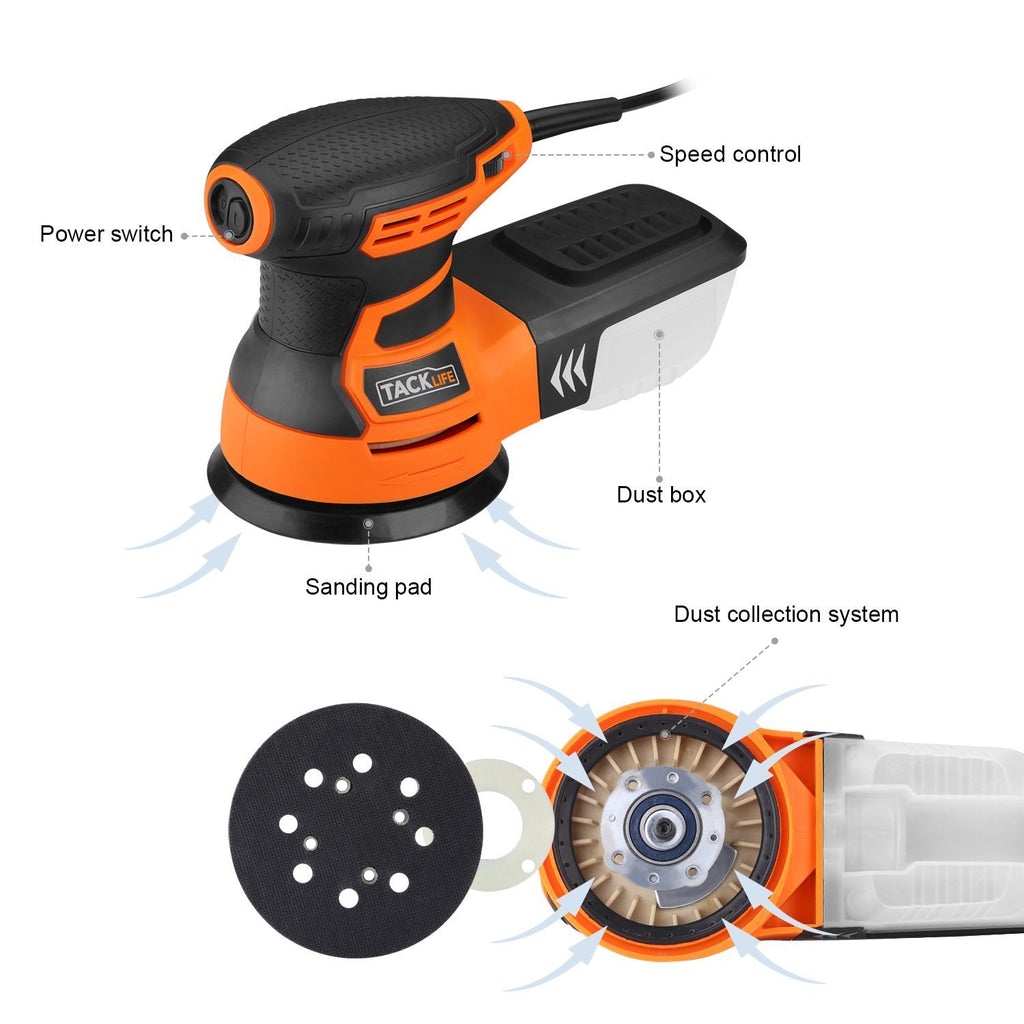 Tacklife 5-Inch Random Orbit Sander 3.0A With 12 Pcs Sandpapers-PRS01A