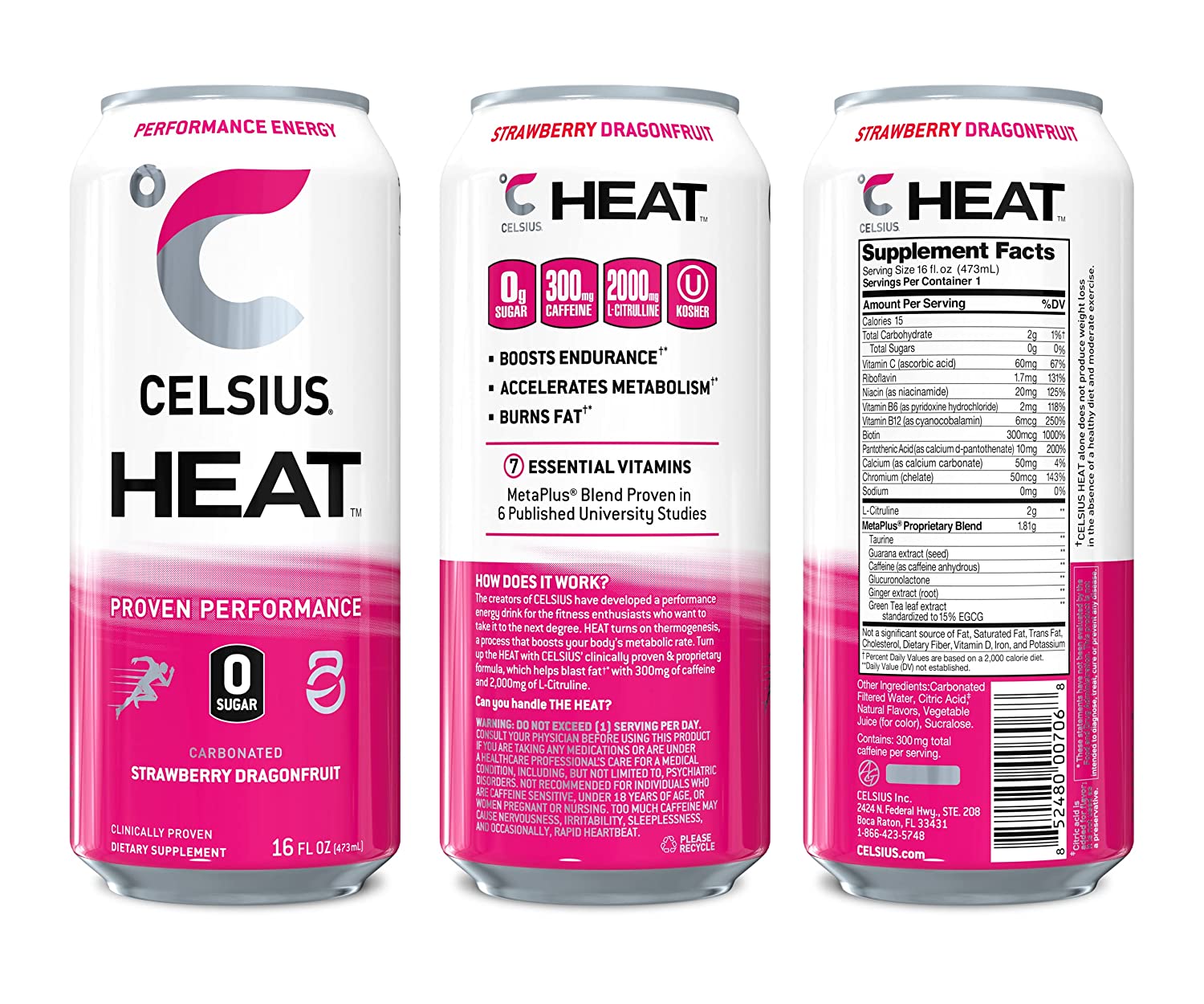 CELSIUS HEAT Strawberry Dragonfruit Performance Energy Drink. Zero Sugar. 16 Fl Oz (Pack of 12)