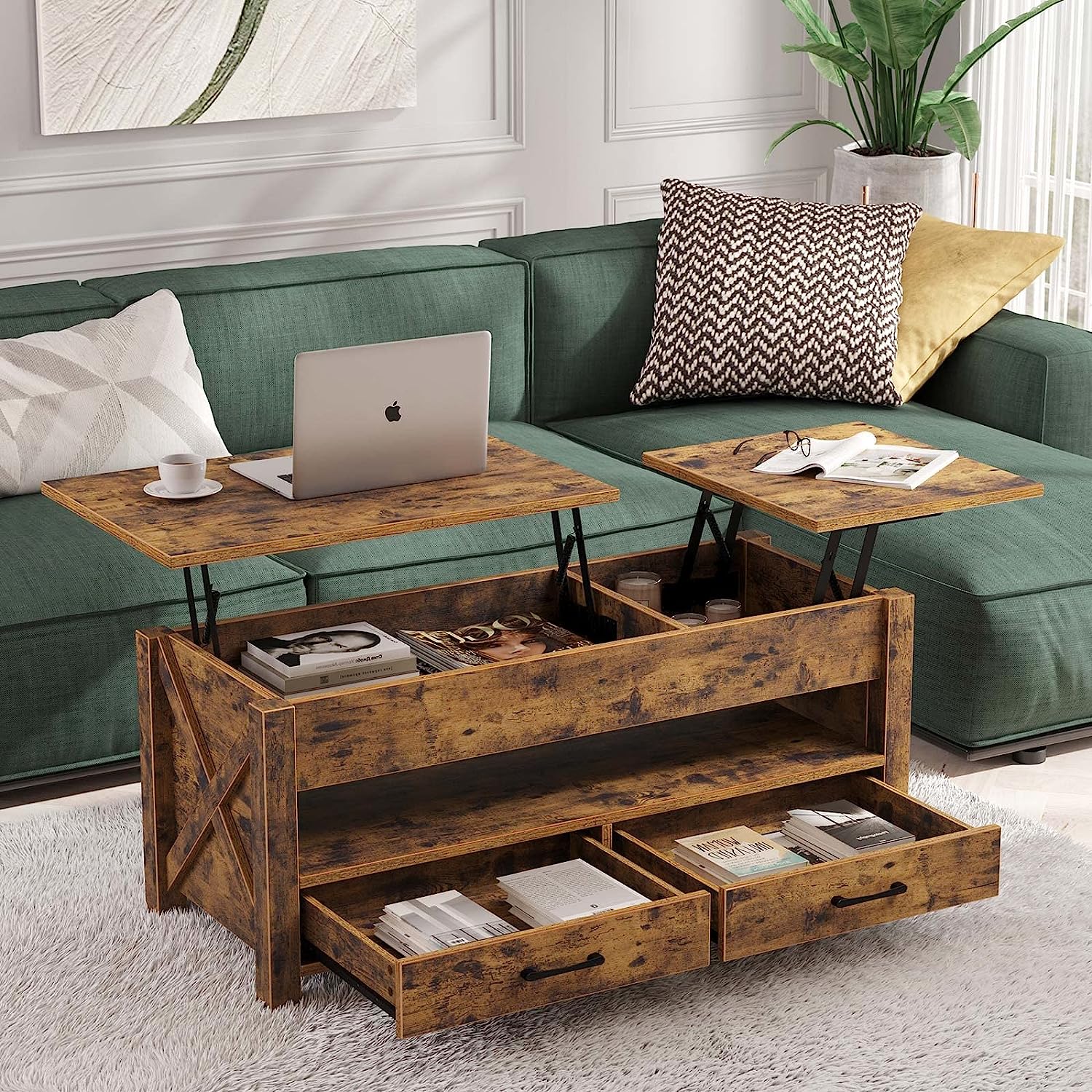 Seventable Coffee Table. 47.2″ Lift Top Coffee Table with 2 Storage Drawers and Hidden Compartment. X Wood Farmhouse Support. Retro Center Table with Wooden Lift Tabletop. for Living Room.Rustic Brown