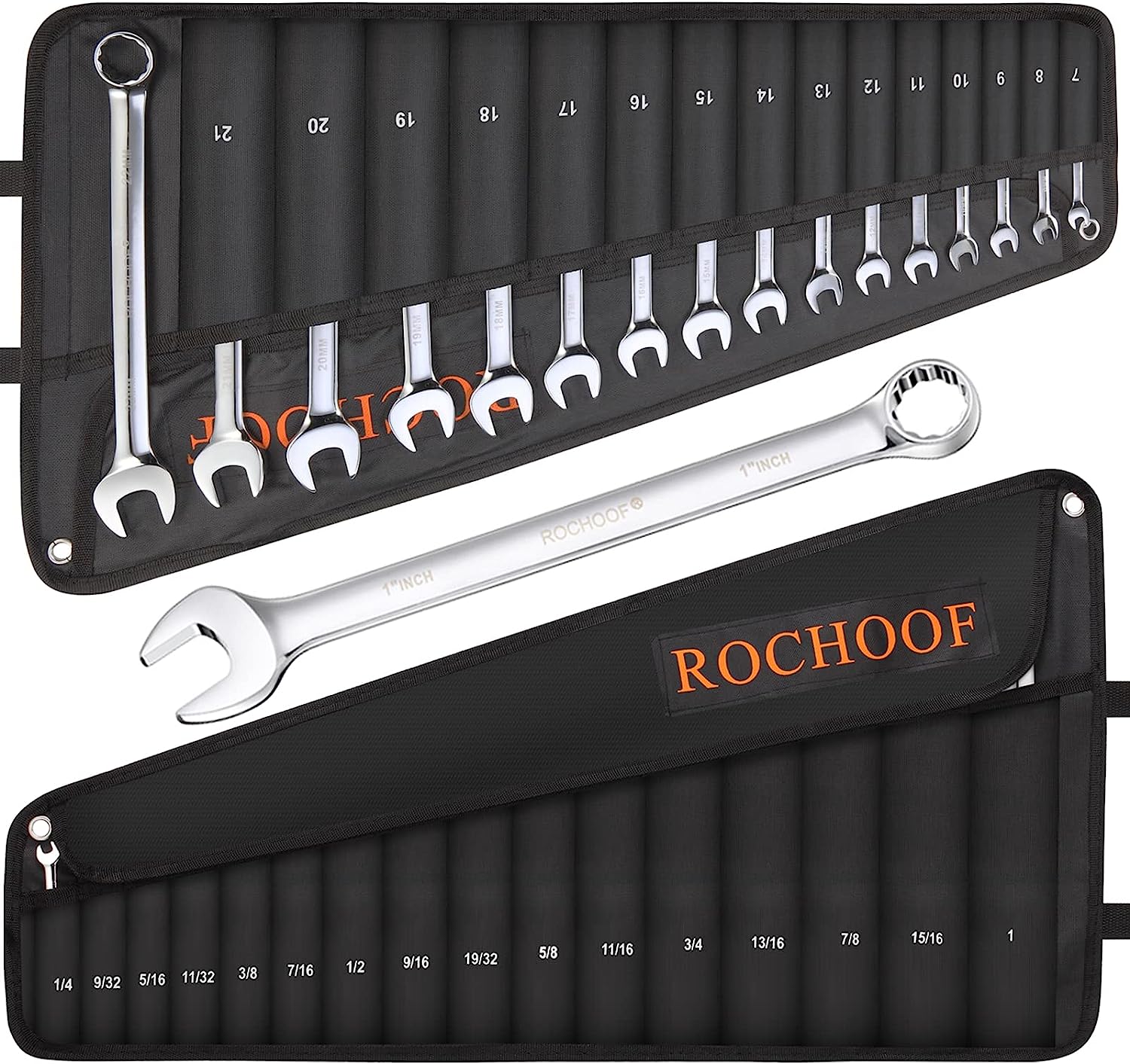 ROCHOOF Combination Wrench Set.32-Piece Chrome Vanadium Steel Wrench Set 12-Point SAE & Metric Wrenches 1/4″-1″ and 7-22mm with Rolling Pouch