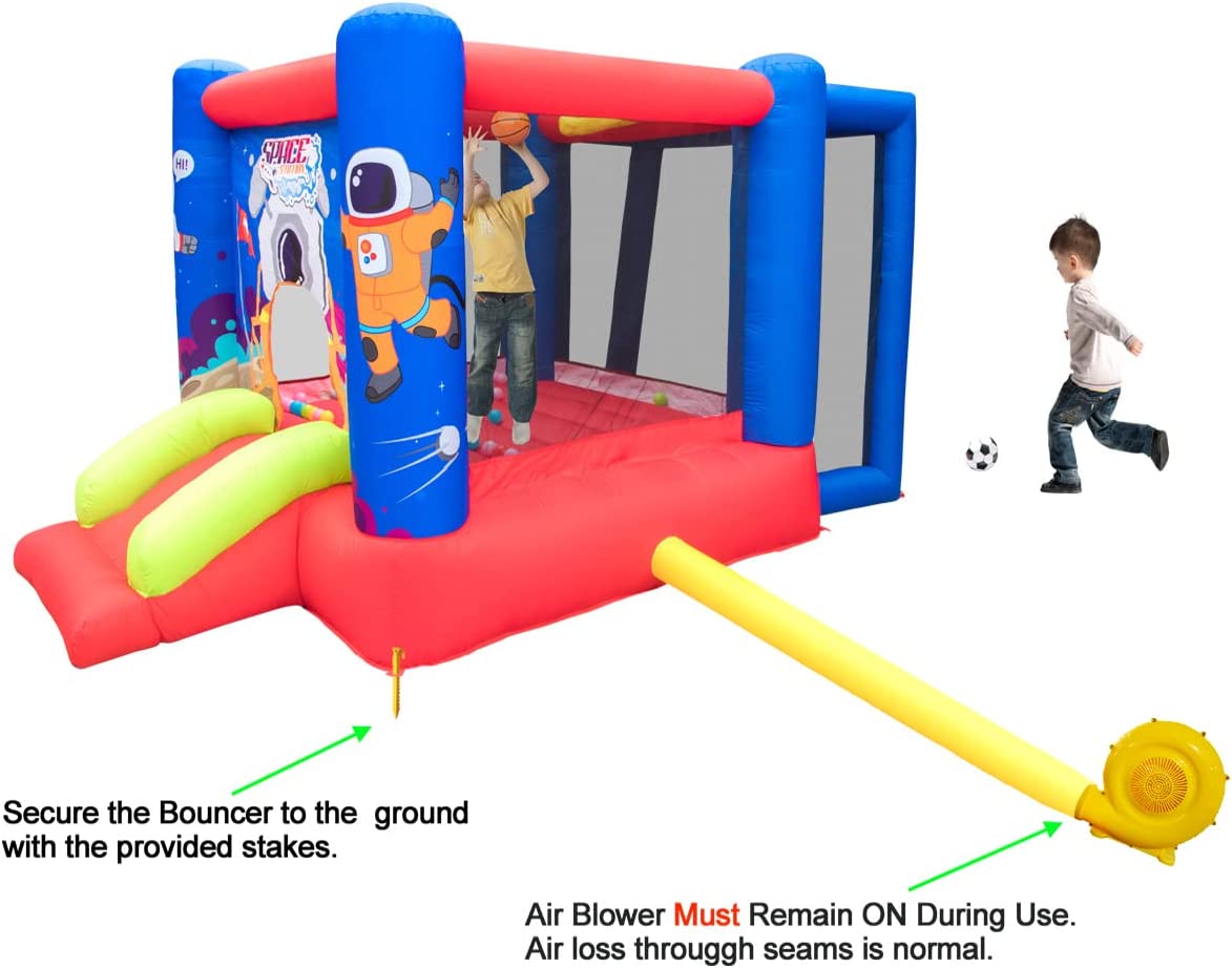 WELLFUNTIME Inflatable Bounce House with Slide. Jumping Castle with Blower for Kids Play House with Wave Pool