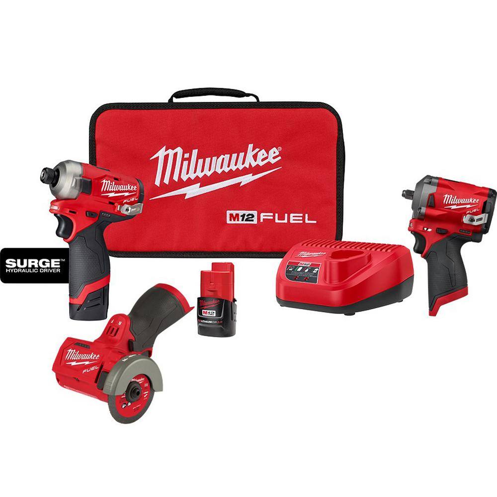 Milwaukee 2551-22-2554-20-2522-20 M12 FUEL SURGE 12V Lithium-Ion Brushless Cordless 1/4″ Hex Impact Driver Kit w/M12 FUEL Impact Wrench & Cutoff Saw
