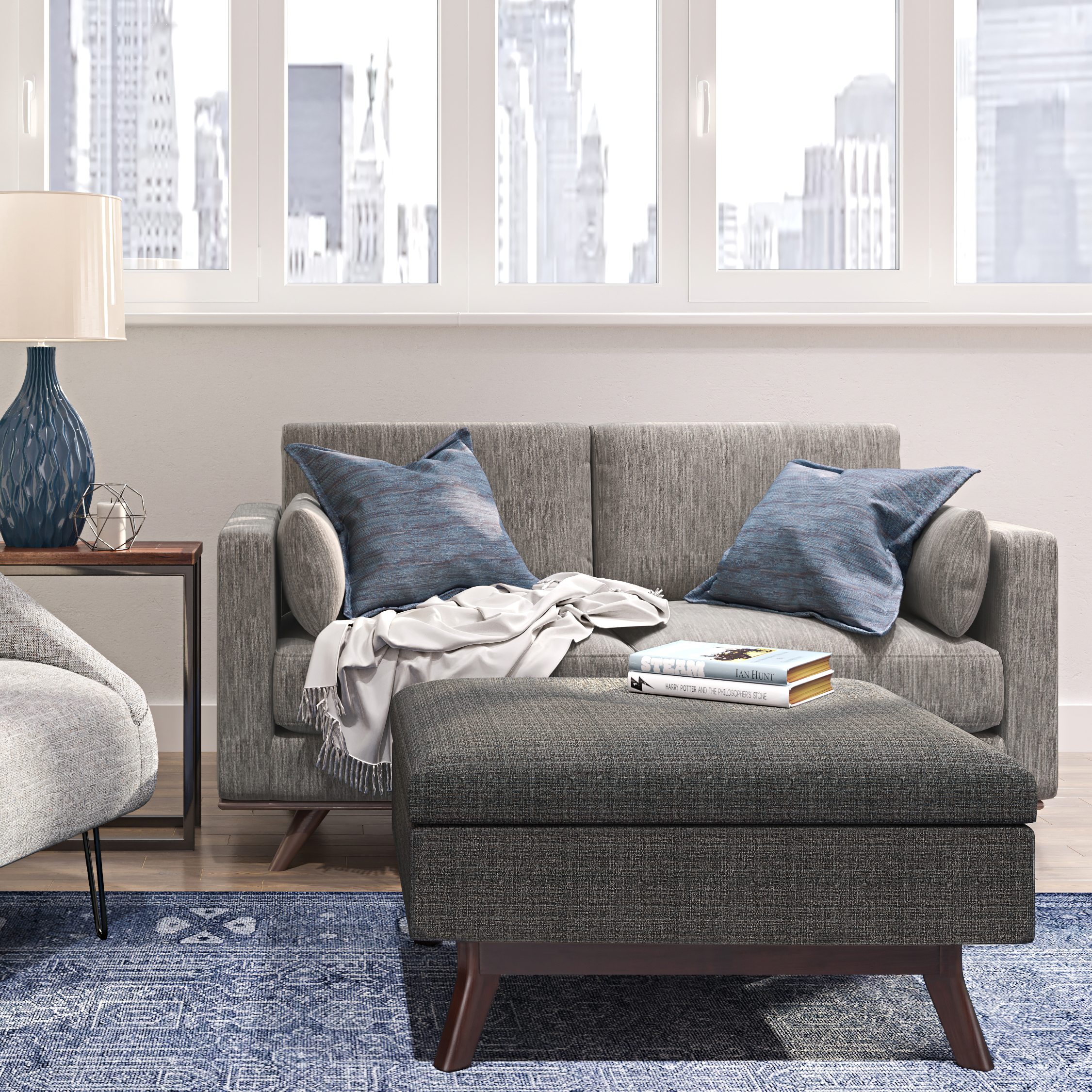 Simpli Home Owen 34 inch Wide Mid Century Modern Rectangle Coffee Table Storage Ottoman-Color:Ebony.Fabric:Tweed