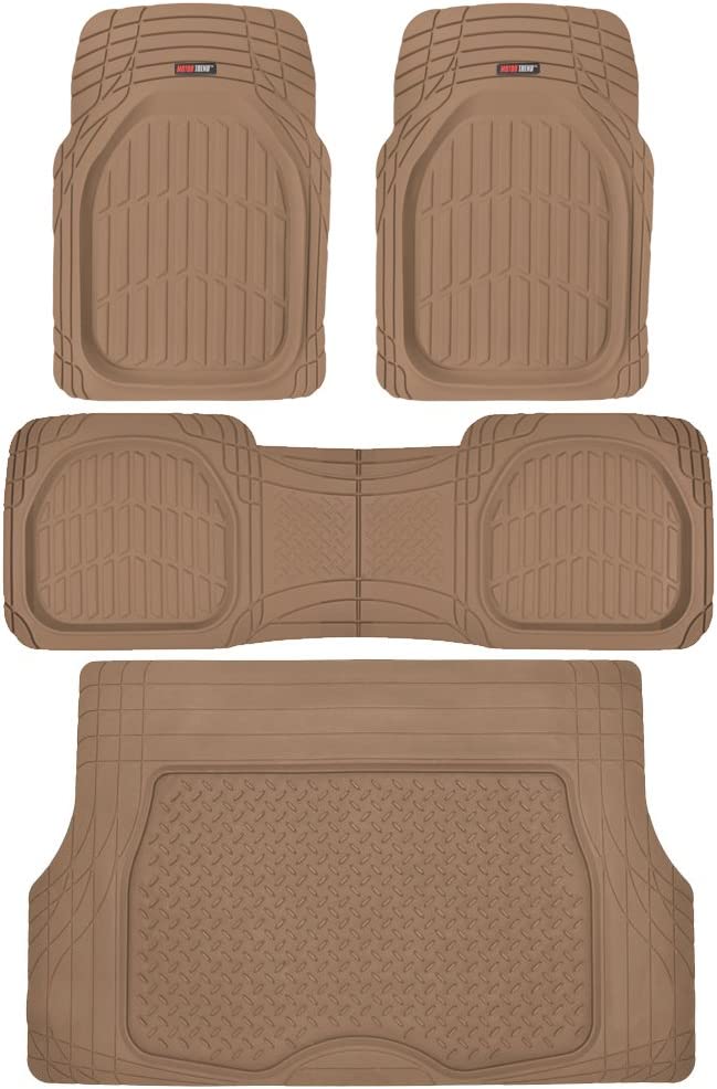Motor Trend Original FlexTough Beige Rubber Car Floor Mats with Trunk Cargo Liner - All Weather Automotive Floor Mats. Heavy Duty Trim to Fit Design. Floor Liners for Cars Truck Van SUV