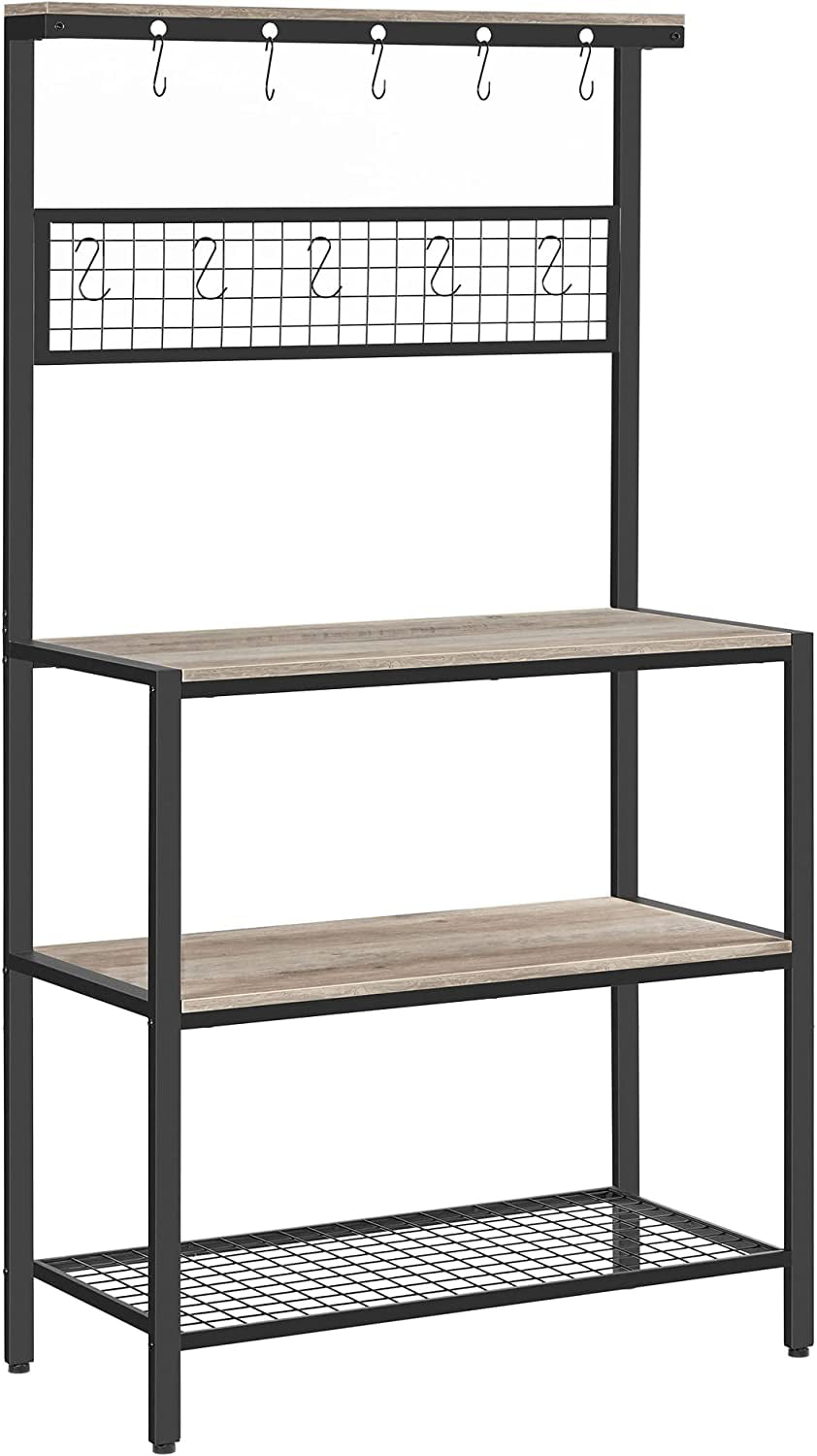VASAGLE Kitchen Baker-s Rack Coffee Bar Storage Shelf Island Rack Microwave Stand with 10 Hooks 3 Shelves Greige and Black