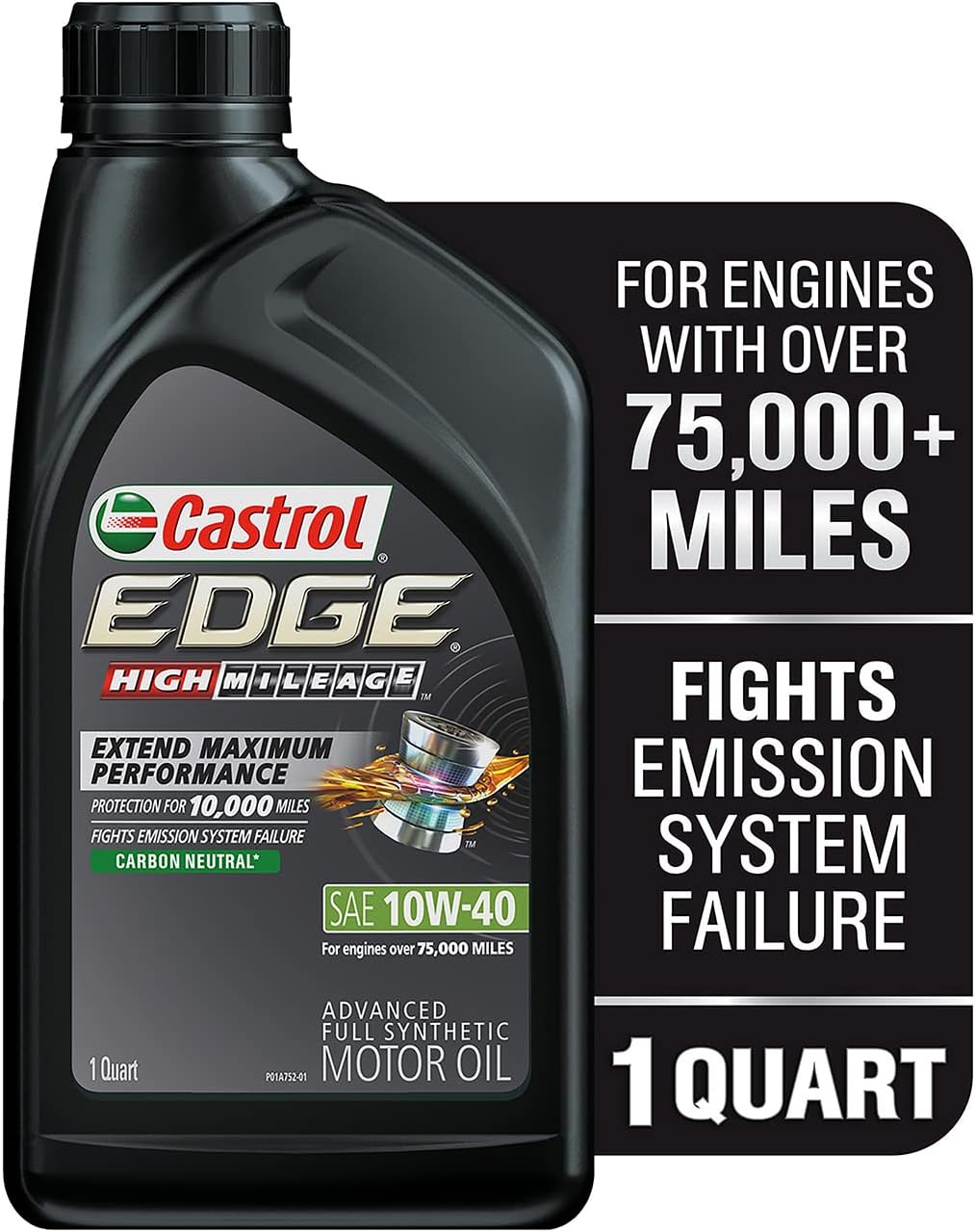 Castrol Edge High Mileage 10W-40 Advanced Full Synthetic Motor Oil. 1 Quart. Pack of 6