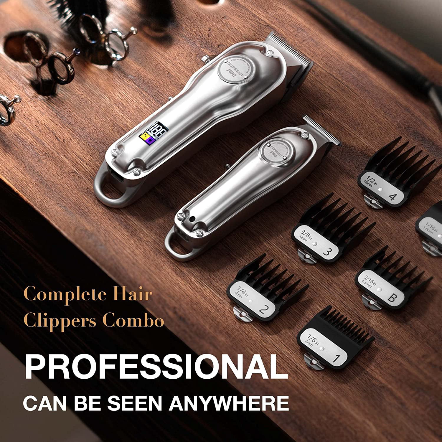 SUPRENT® Professional Hair Clippers for Men. Hair Cutting Kit & Zero Gap T-Blade Trimmer Combo. Cordless Barber Clipper Set with LED Display (Silver)
