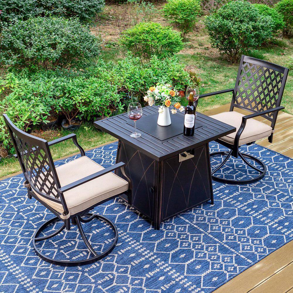 PHI VILLA  3-Piece Metal Patio Fire Pit Set. 2 Metal Back Swivel Rockers with Beige Cushion