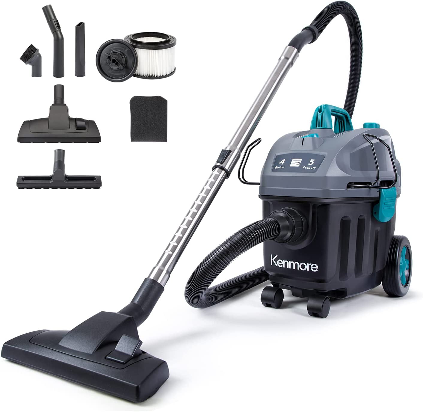 Kenmore KW3050 Wet Dry Canister Shop Vacuum. 4 Gallon 5 Peak HP 2-Stage Motor. 120 Volts. 21.6lbs. Black