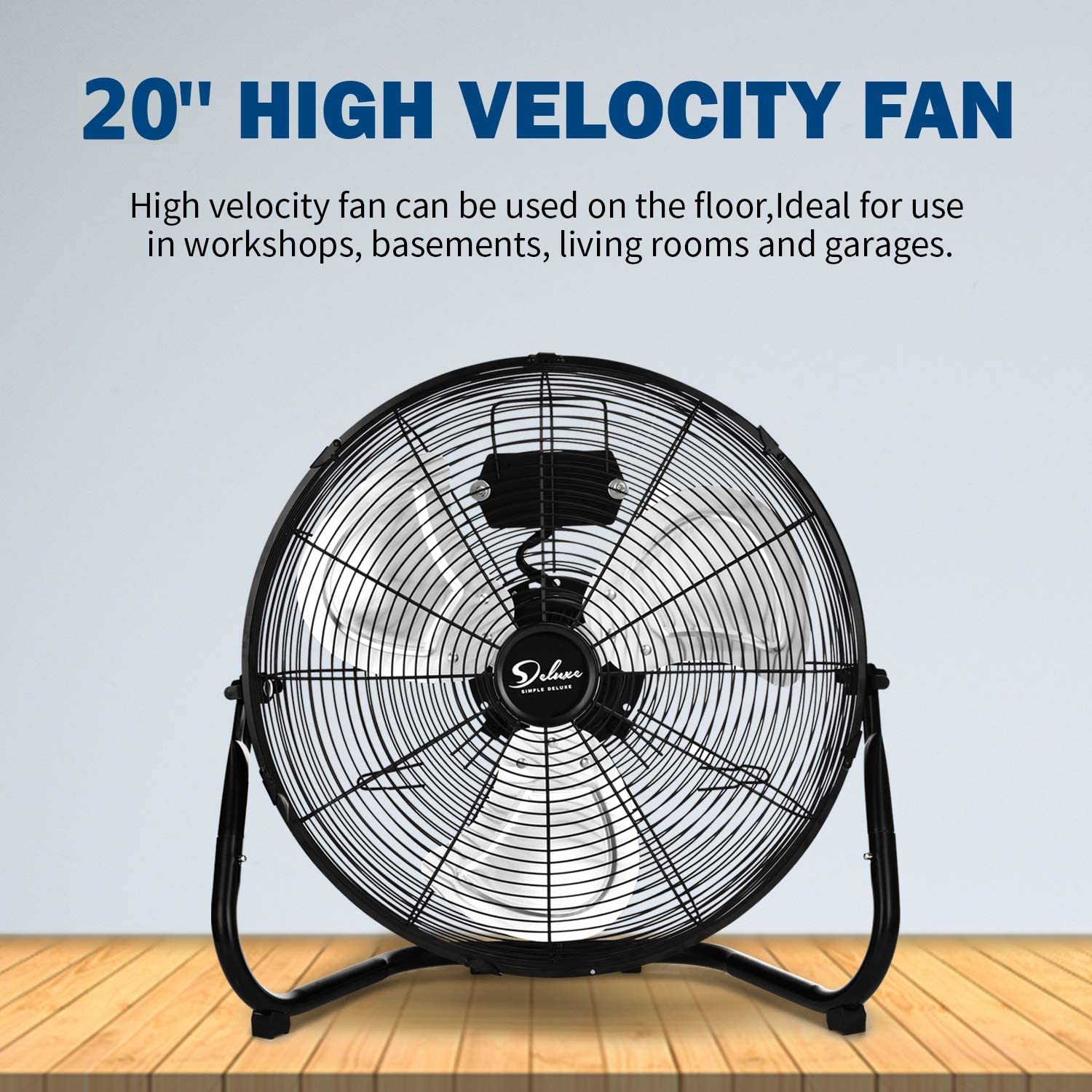 Simple Deluxe 20 Inch 3-Speed High Velocity Heavy Duty Metal Industrial Floor Fans Quiet for Home. Commercial. Residential. and Greenhouse Use. Outdoor/Indoor. Black. 1-Pack