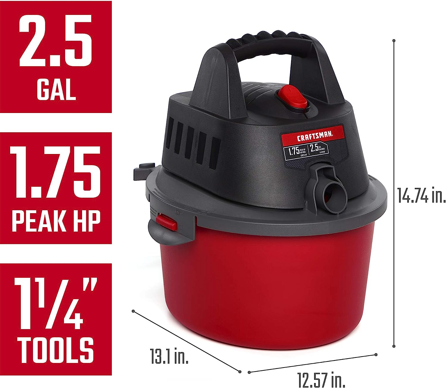 CRAFTSMAN CMXEVBE17250 2.5 Gallon 1.75 Peak HP Wet/Dry Vac. Portable Shop Vacuum with Attachments. Red. Black