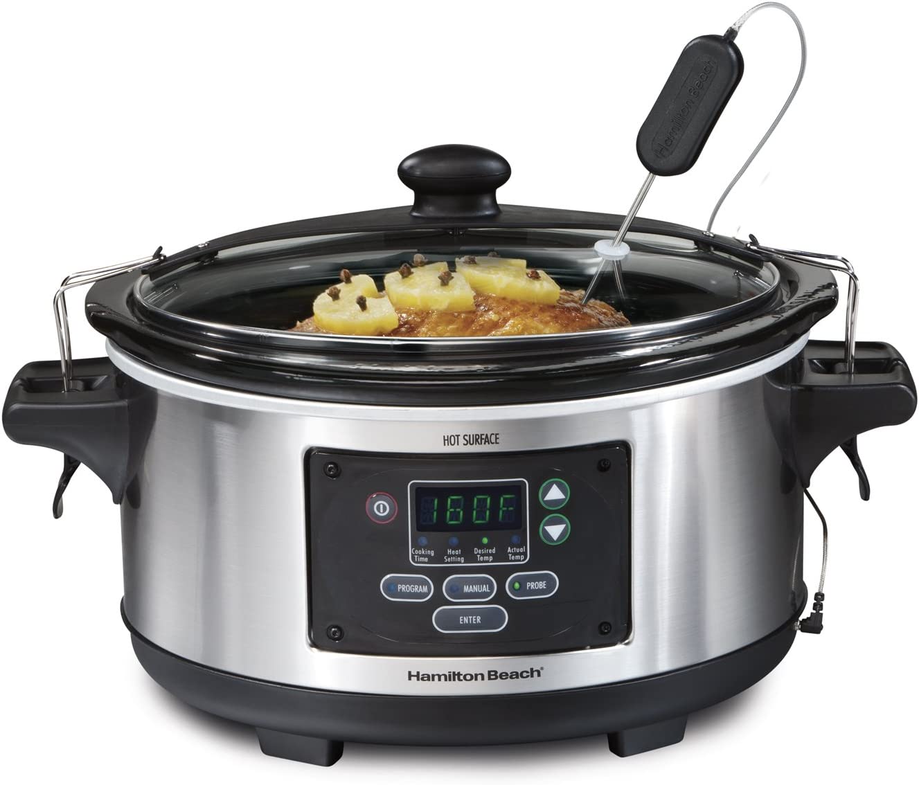 Hamilton Beach Portable 6-Quart Set & Forget Digital Programmable Slow Cooker with Lid Lock. Temperature Probe. Stainless Steel