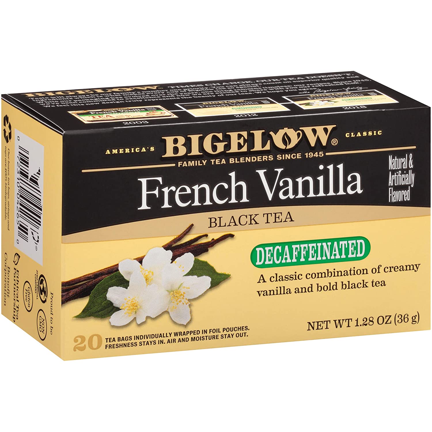 Bigelow Decaffeinated French Vanilla Black Tea Bags. 20 Count Box (Pack of 6)