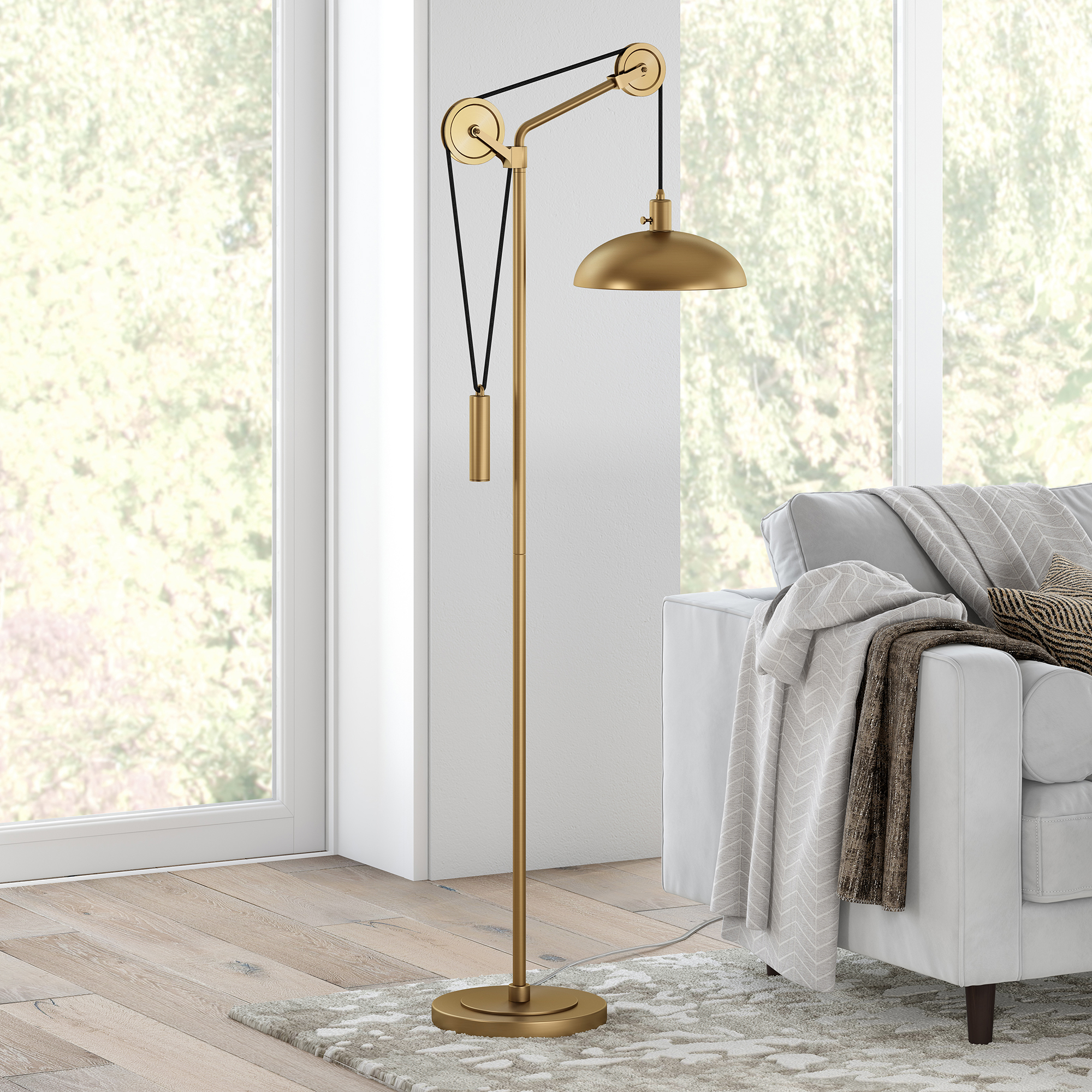 Evelyn&Zoe Industrial Metal Floor Lamp with Solid Wheel Pulley System