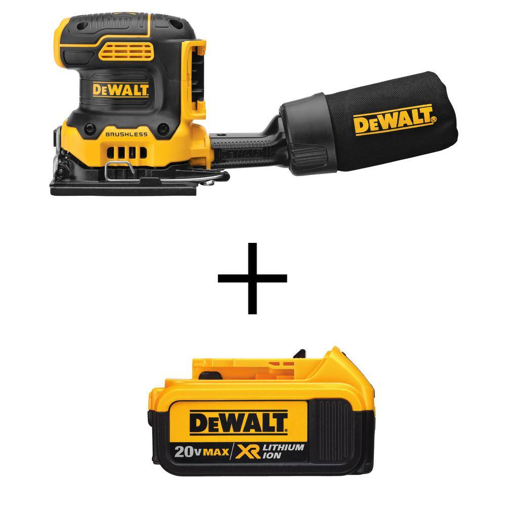 DEWALT DCW200BWDCB204 20V MAX XR Cordless Brushless 1/4 Sheet Variable Speed Sander and (1) 20V MAX XR Premium Lithium-Ion 4.0Ah Battery