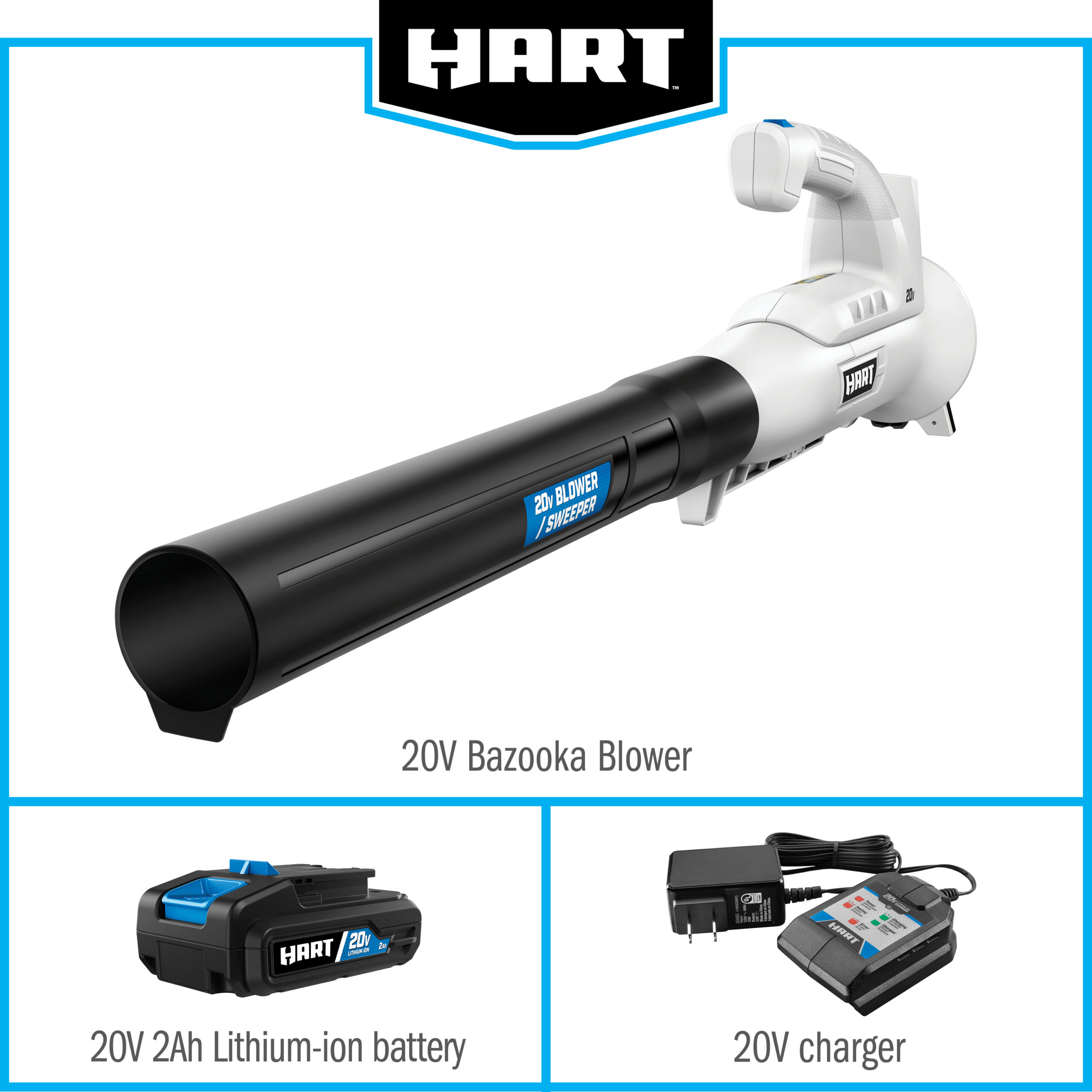 Hart 20-Volt 200 CFM Bazooka Blower Kit. (1) 20-Volt 2Ah Lithium-Ion Battery and Charger