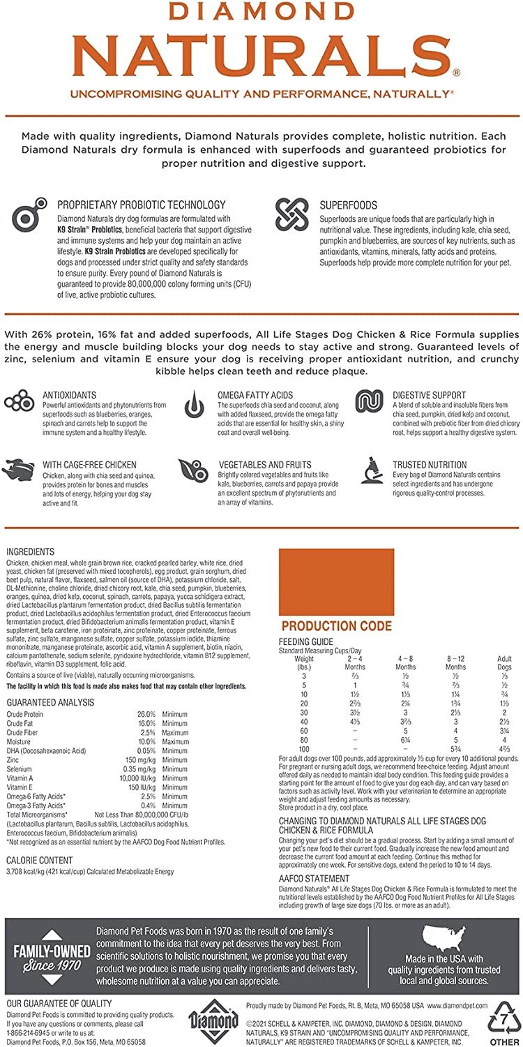 Diamond Naturals All Life Stages Chicken and Rice Formula Dry Dog Food Protein from Real Chicken. and Probiotics (40Lb)
