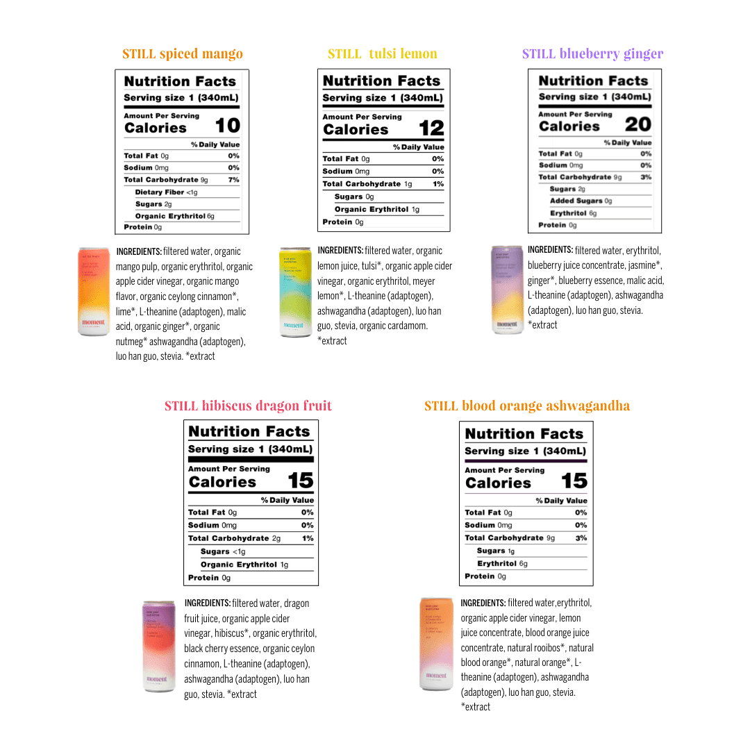 Moment Botanical Water. Rotating Still Flavors. Zero Added Sugar. Variety 18-Pack. 11.5 fl oz