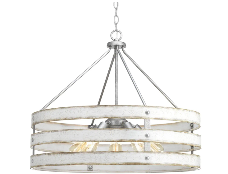 Progress Lighting Gulliver 5-Light Galvanized Drum Pendant with Weathered White Wood Accents