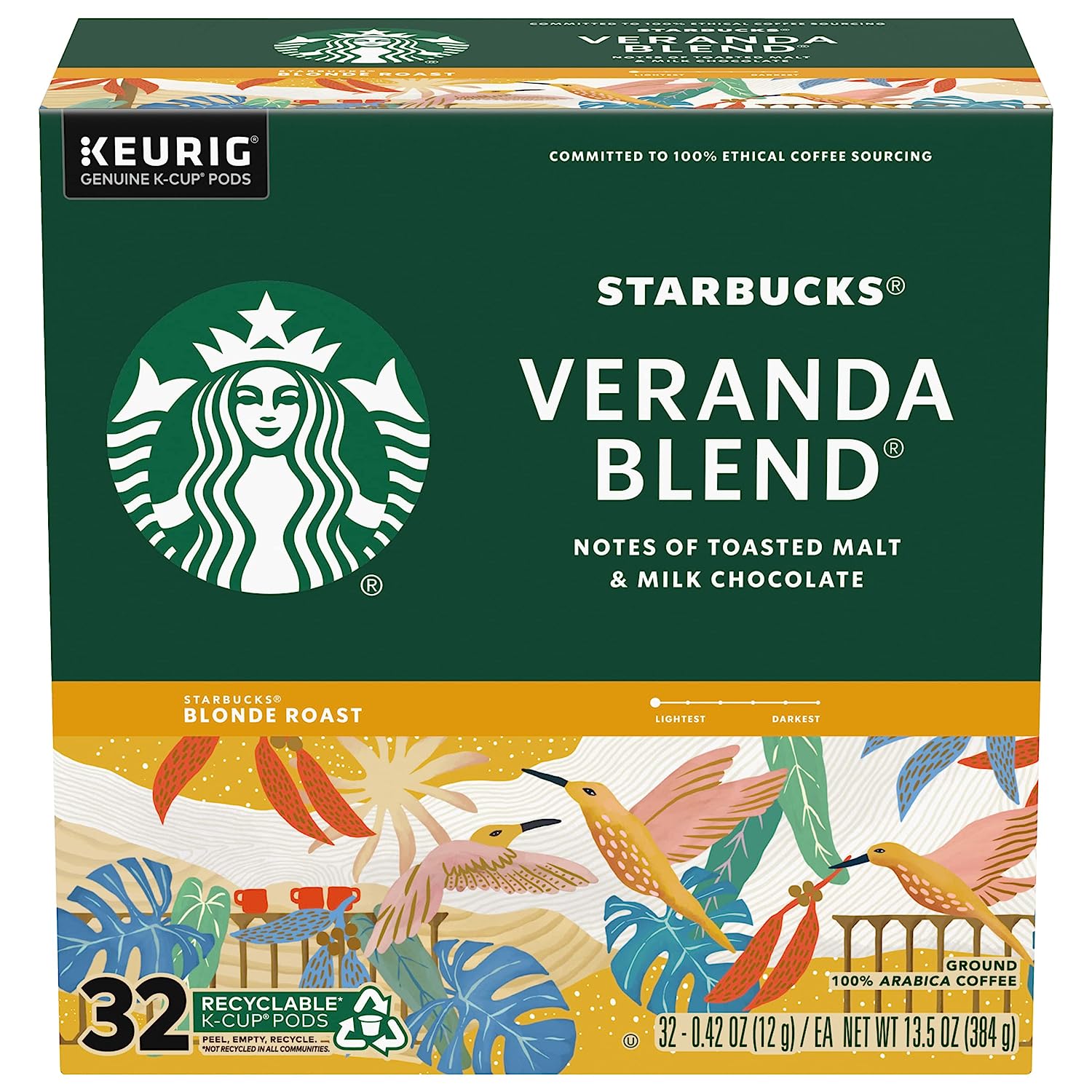 Starbucks Coffee K-Cup Pods. Veranda Blend. Blonde Roast Coffee. Notes of Toasted Malt & Milk Chocolate. Keurig Genuine K-Cup Pods. 32 CT K-Cups/Box (Pack of 3 Boxes)