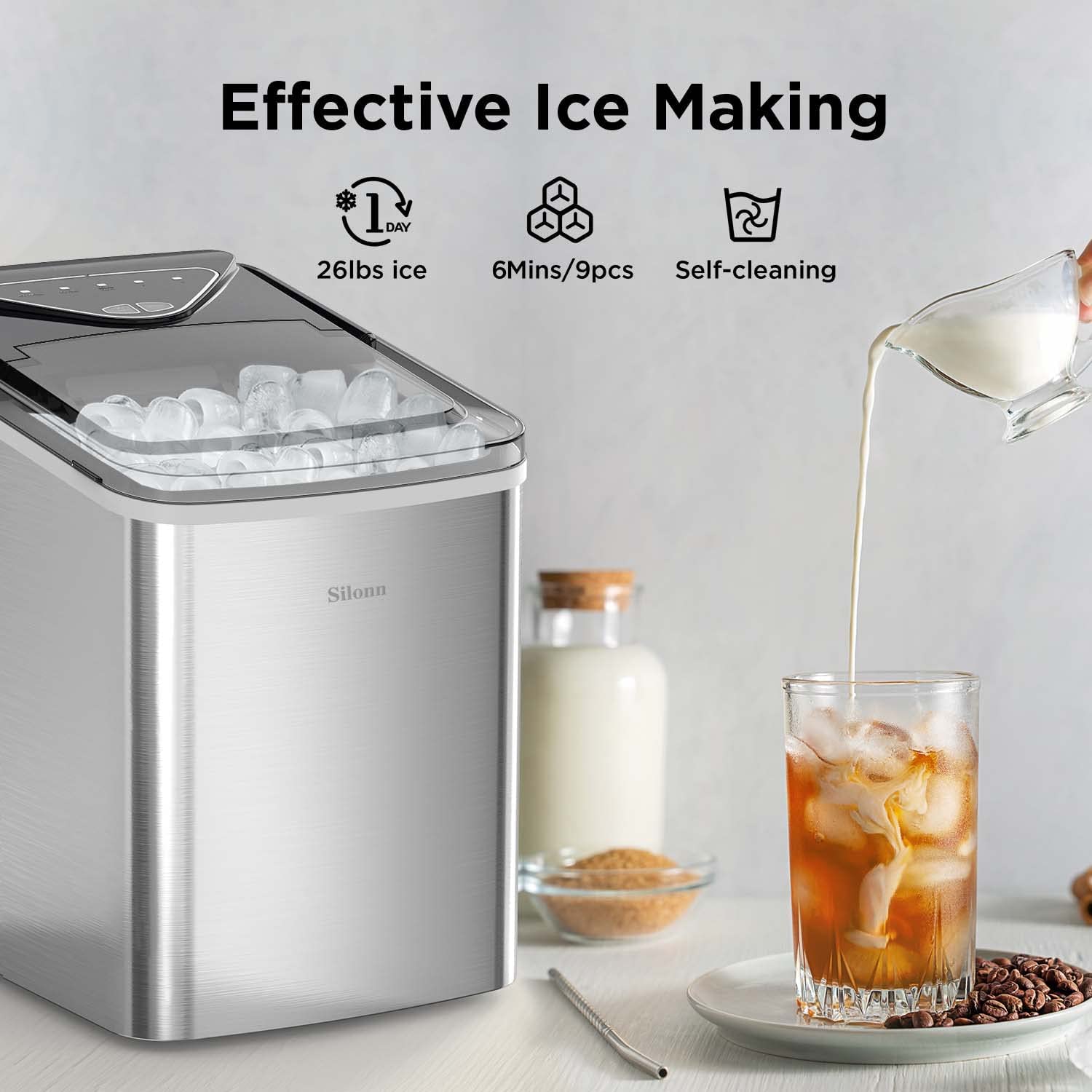 Silonn Ice Makers Countertop. 9 Cubes Ready in 6 Mins. 26lbs in 24Hrs. Self-Cleaning Ice Machine with Ice Scoop and Basket. 2 Sizes of Bullet Ice for Home Kitchen Office Bar Party (Stainless Steel)