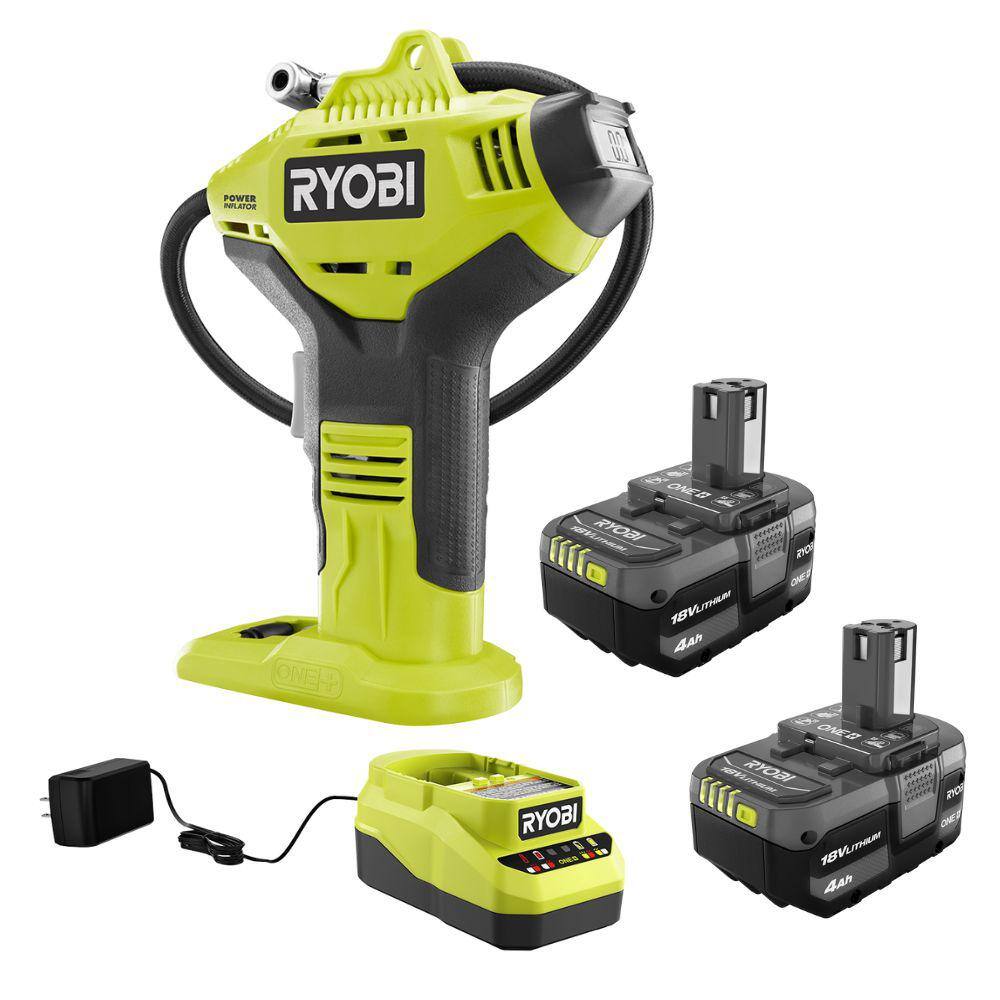RYOBI PSK006-P737D ONE+ 18V Lithium-Ion 4.0 Ah Compact Battery (2-Pack) and Charger Kit with Free Cordless High Pressure Inflator