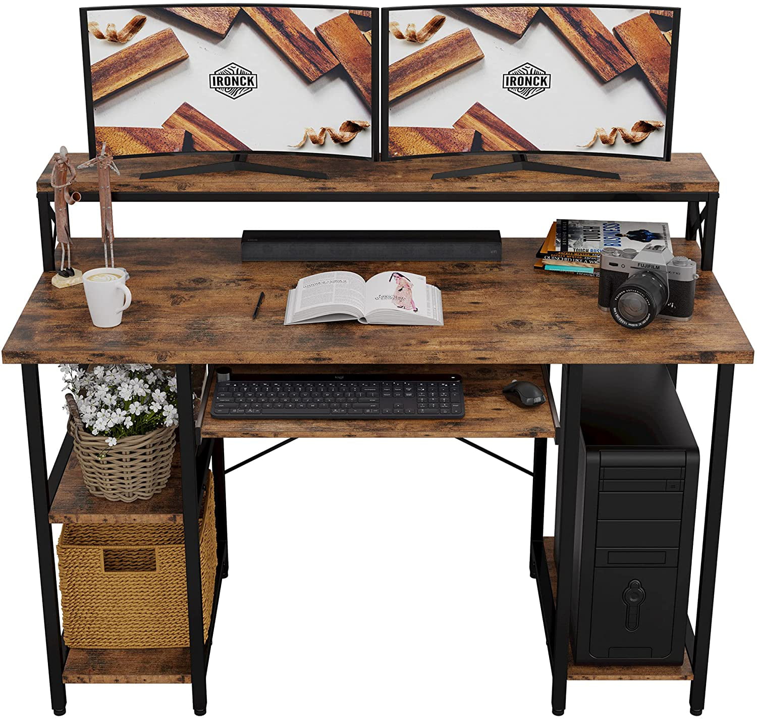 IRONCK Computer Desk 47″ with Keyboard Tray. Modern Industrial Home Office PC Desk Study Writing Table with Monitor Stand Storage Shelf. Vintage Brown