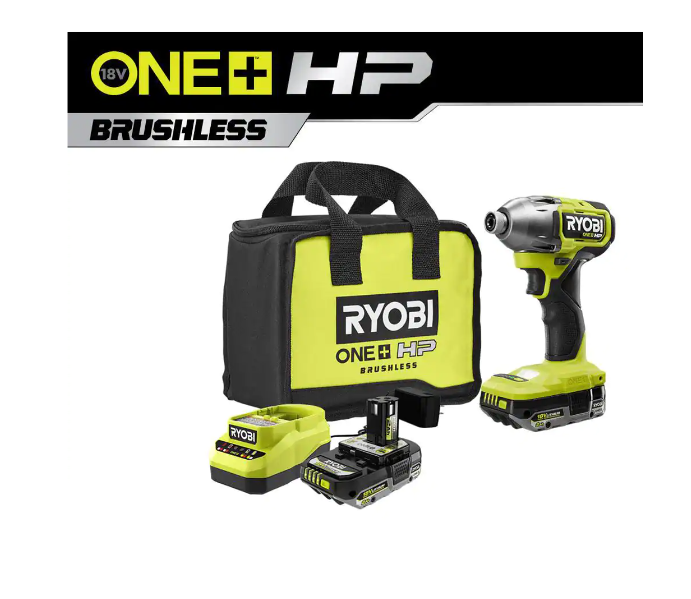 RYOBI PBLID02K ONE+ HP 18V Brushless Cordless 1/4 in. 4-Mode Impact Driver Kit w/(2) 2.0 Ah HIGH PERFORMANCE Battery. Charger. Bag