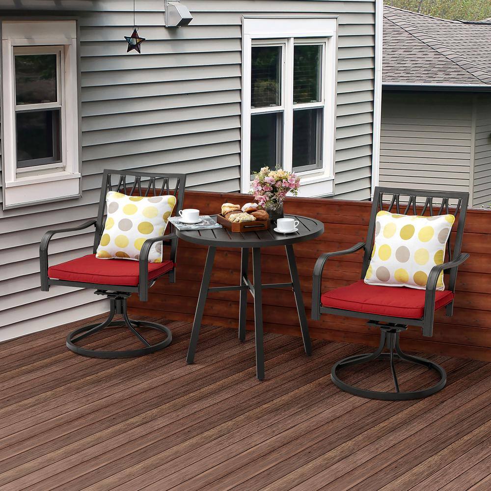 Nuu Garden  3-Piece Metal Swivel Patio Bistro Set with Red Cushions