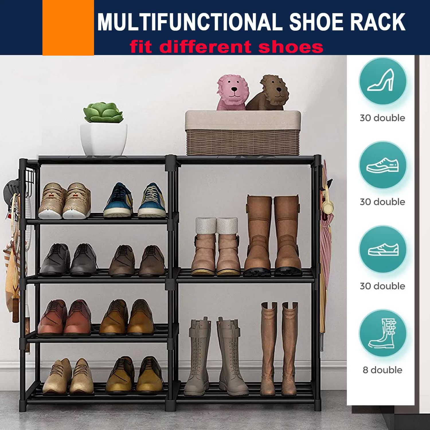 HKEEY Shoe Rack Storage Organizer. 5-Tier Durable Metal Shoe Rack with Side Hanging Pockets. Stackable Boots Shelf Organizer for 12-16 Pairs Shoes. Space Saving Shoe Cabinet
