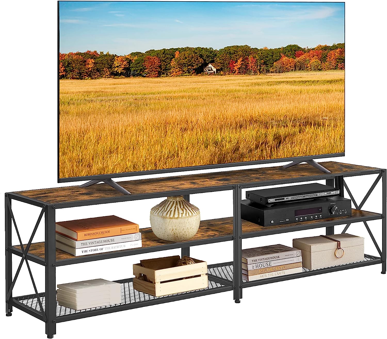 VASAGLE TV Stand. TV Console for TVs Up to 70 Inches. TV Table. 63 Inches Width. TV Cabinet with Storage Shelves. Steel Frame. for Living Room. Bedroom. Rustic Brown and Black ULTV095B01