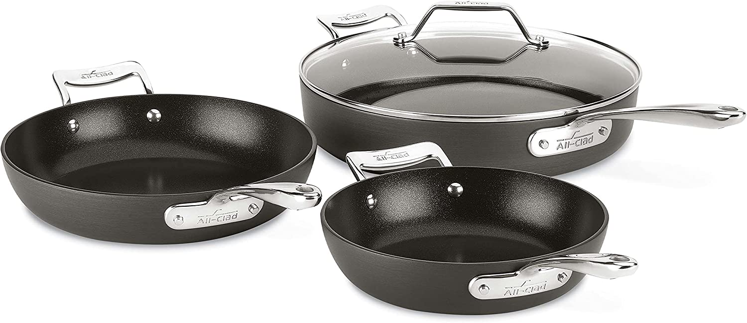 All-Clad Essentials Nonstick Skillet set. 4-Piece. Grey